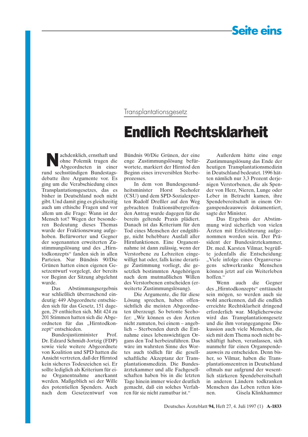 Vorschauseite 1: Transplantationsgesetz: Endlich Rechtsklarheit