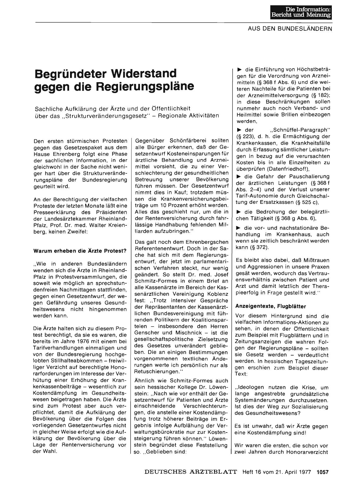 Vorschauseite 1: Begründeter Widerstand gegen die Regierungspläne: Sachliche Aufklärung der Ärzte und der Öffentl ichkeitüber das „ Strukturveränderungsgesetz“ - Regionale Aktivitäten