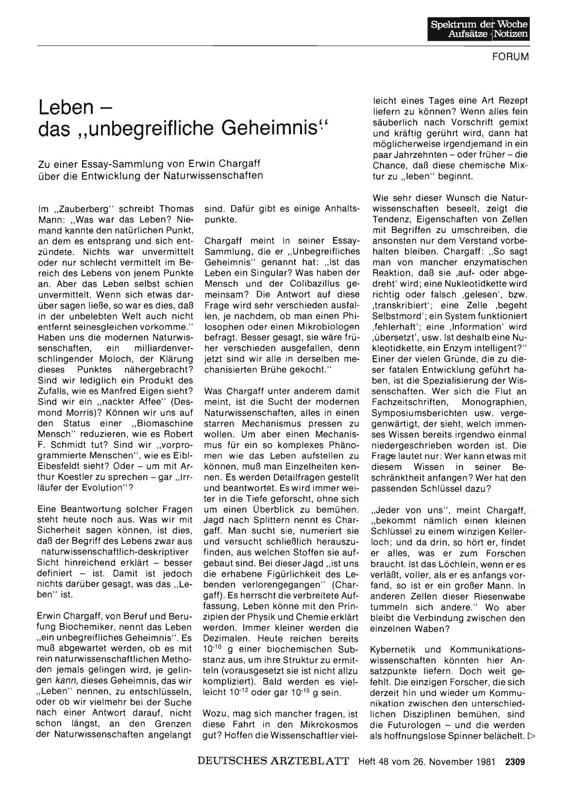 Vorschauseite 1: Leben — das „unbegreifliche Geheimnis"