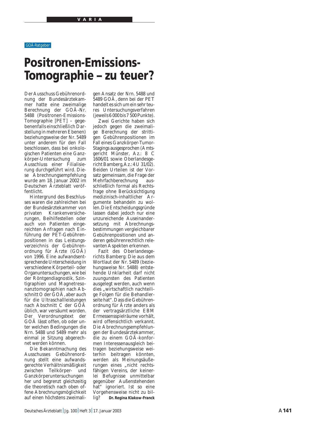 Vorschauseite 1: Positronen-Emissions-Tomographie – zu teuer?