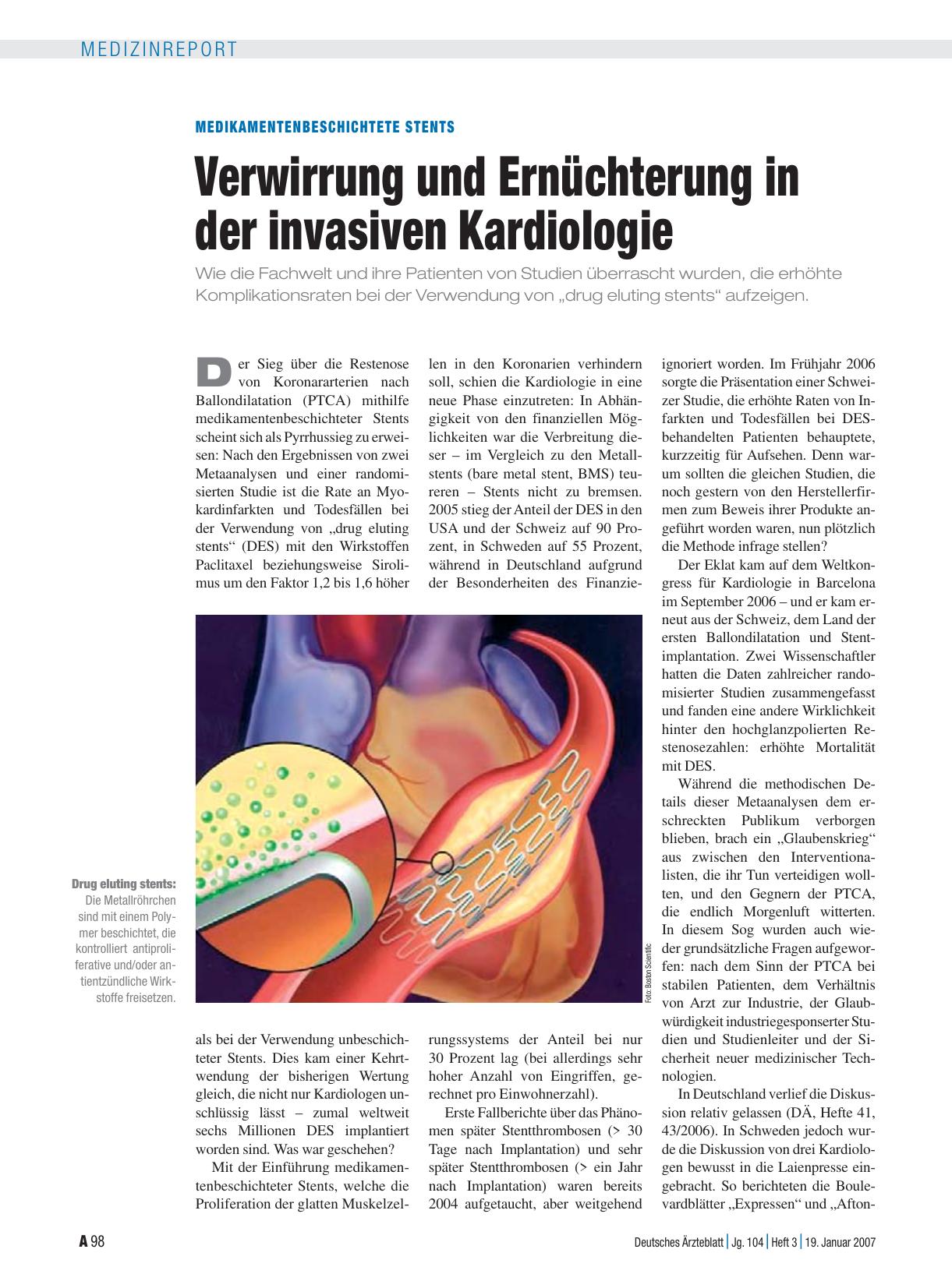 Vorschauseite 1: Medikamentenbeschichtete Stents: Verwirrung und Ernüchterung in der invasiven Kardiologie
