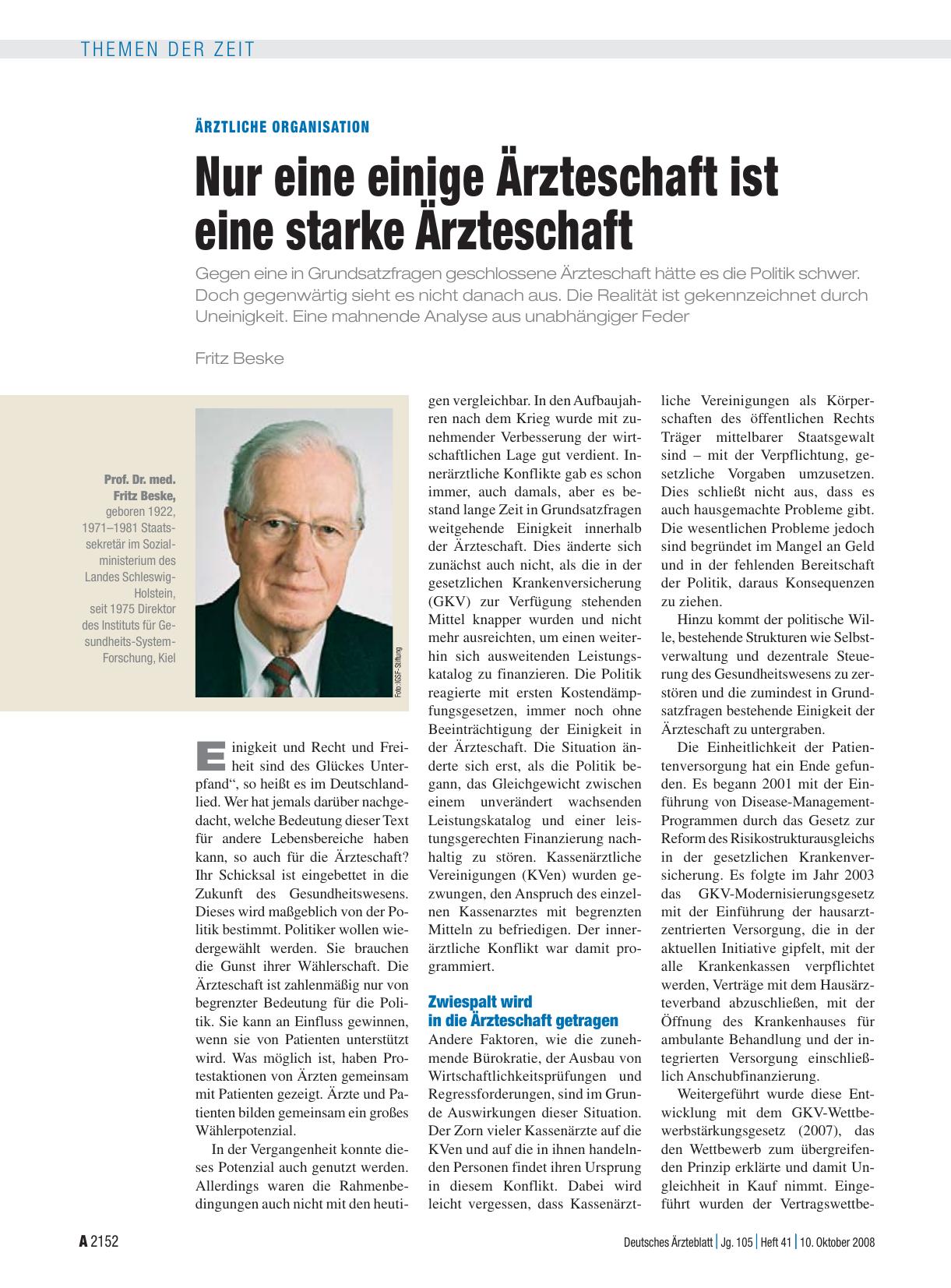 Vorschauseite 1: Ärztliche Organisation: Nur eine einige Ärzteschaft ist eine starke Ärzteschaft