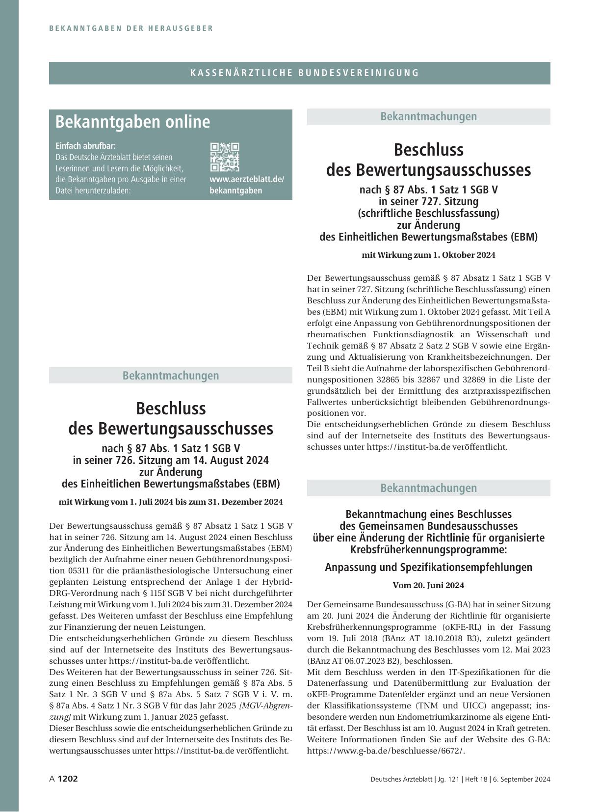 Vorschauseite 1: Beschluss des Bewertungsausschusses nach § 87 Abs. 1 Satz 1 SGB V in seiner 727. Sitzung (schriftliche Beschlussfassung) zur Änderung des Einheitlichen Bewertungsmaßstabes (EBM)