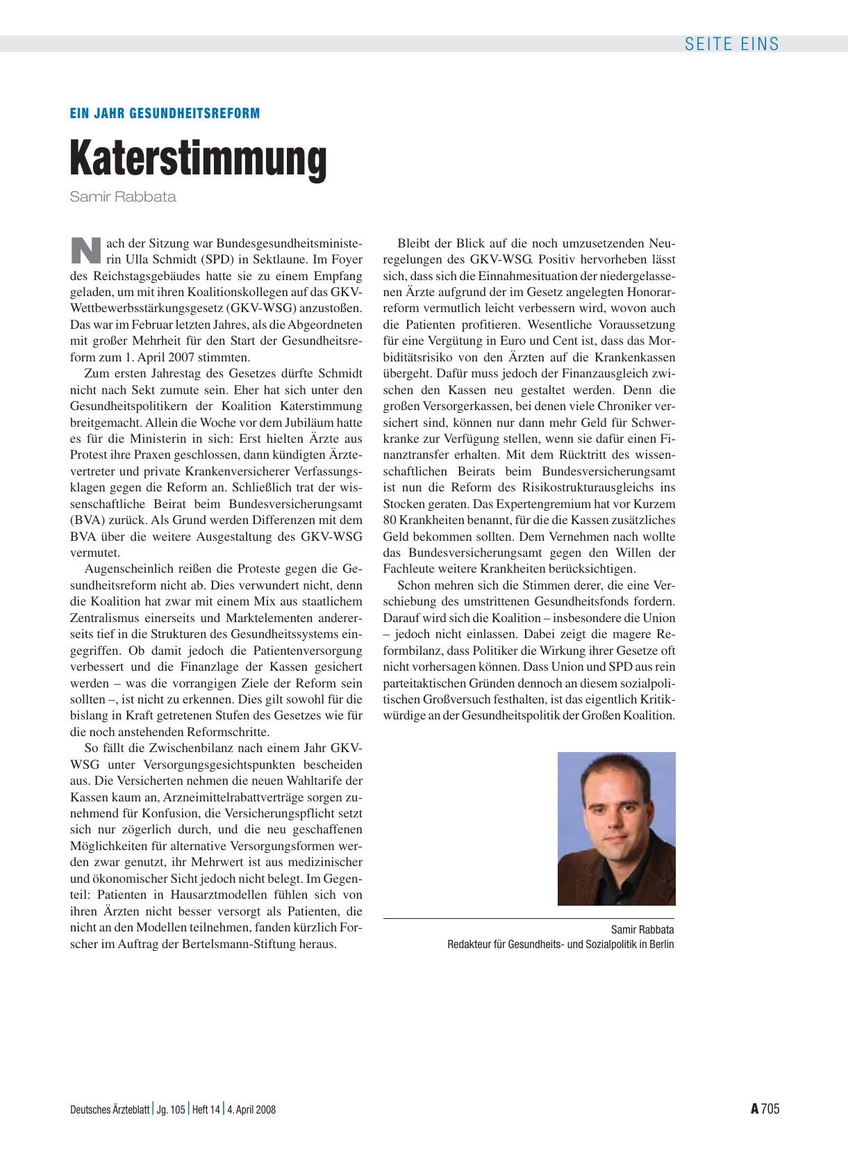 Vorschauseite 1: Ein Jahr Gesundheitsreform: Katerstimmung