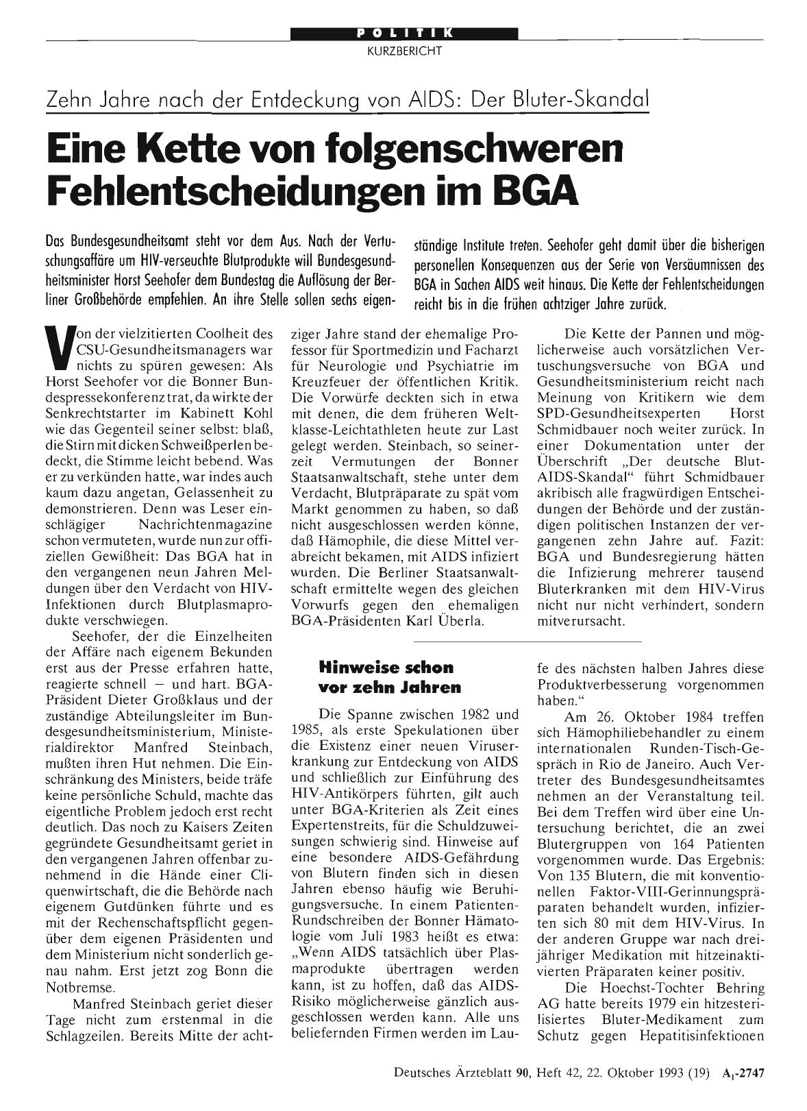 Vorschauseite 1: Zehn Jahre nach der Entdeckung von AIDS: Der Bluter-Skandal: Eine Kette von folgenschweren Fehlentscheidungen im BGA