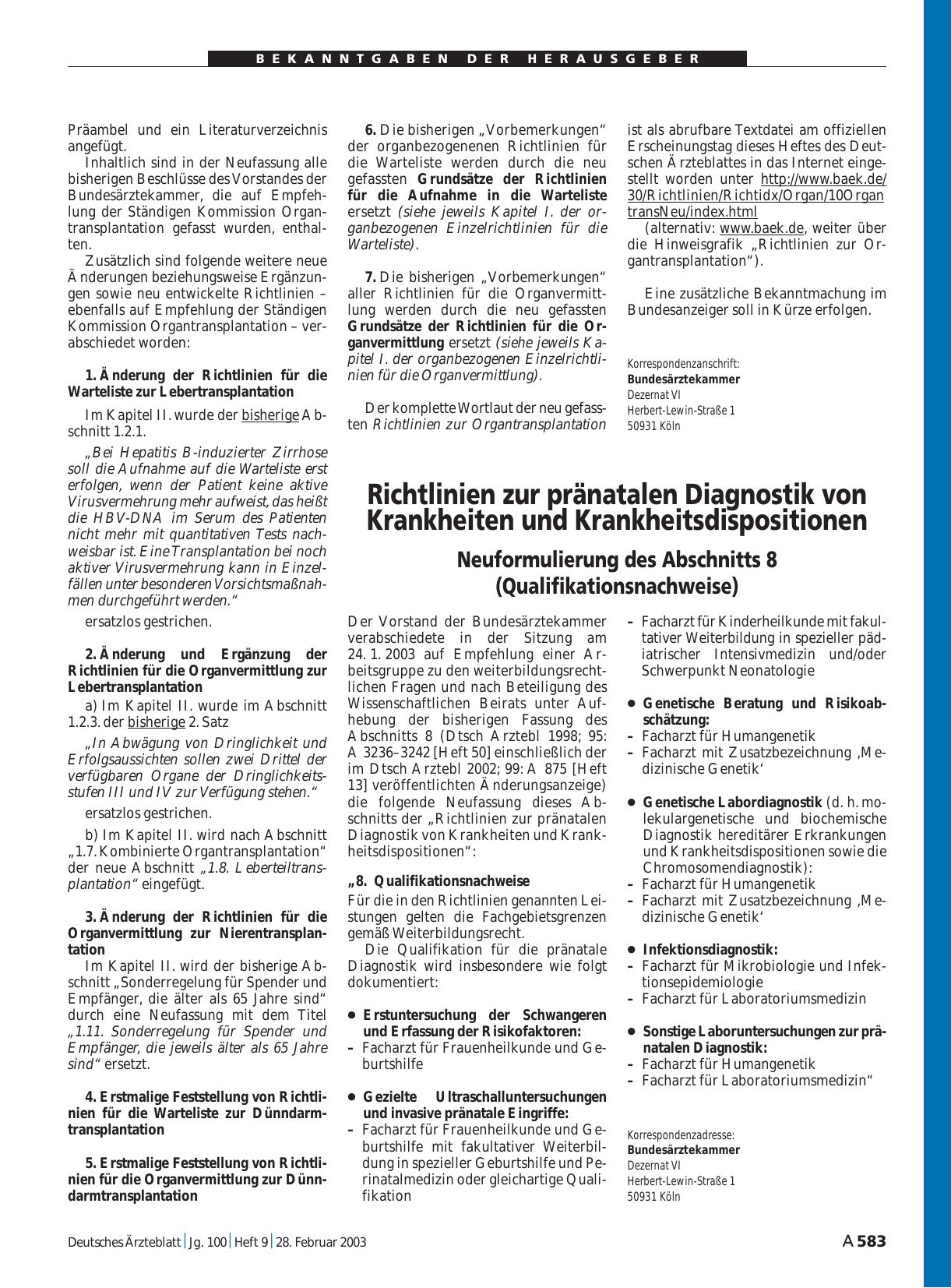 Vorschauseite 1: Richtlinien zur pränatalen Diagnostik von Krankheiten und Krankheitsdispositionen
