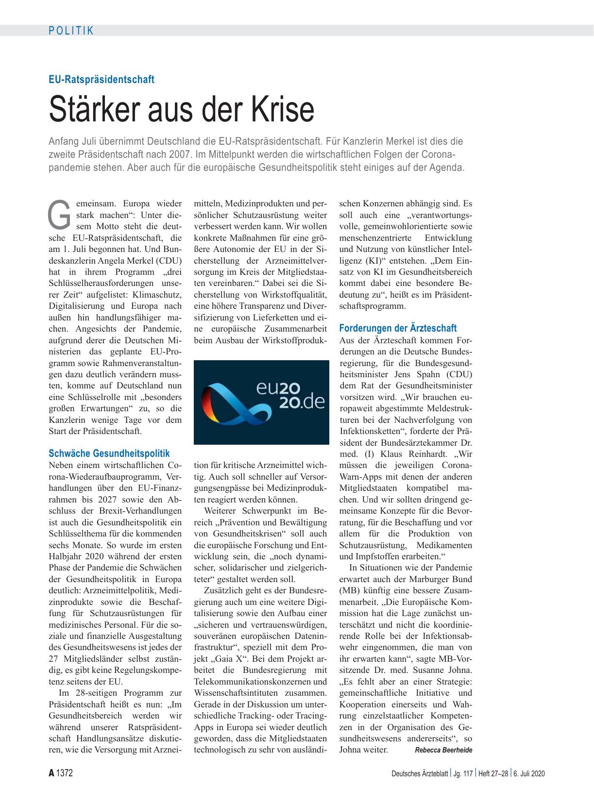 Vorschauseite 1: EU-Ratspräsidentschaft: Stärker aus der Krise