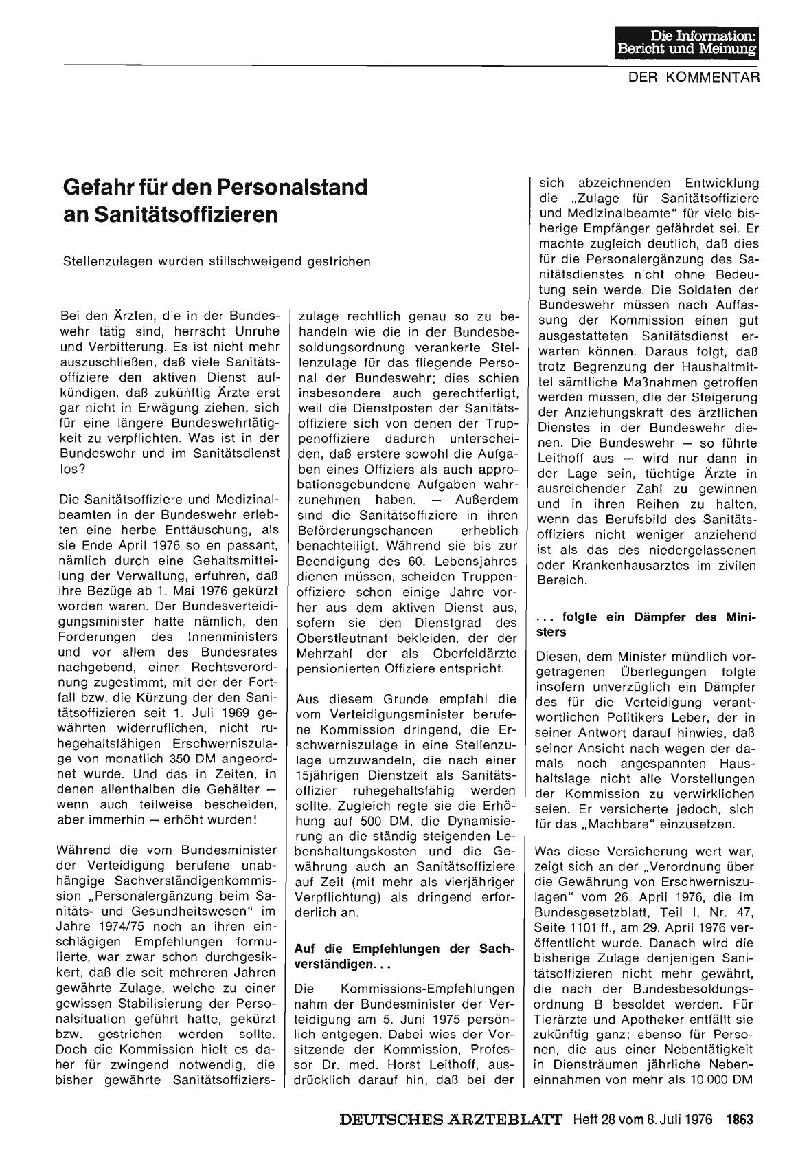 Vorschauseite 1: Gefahr für den Personalstand an Sanitätsoffizieren: Stellenzulagen wurden stillschweigend gestrichen