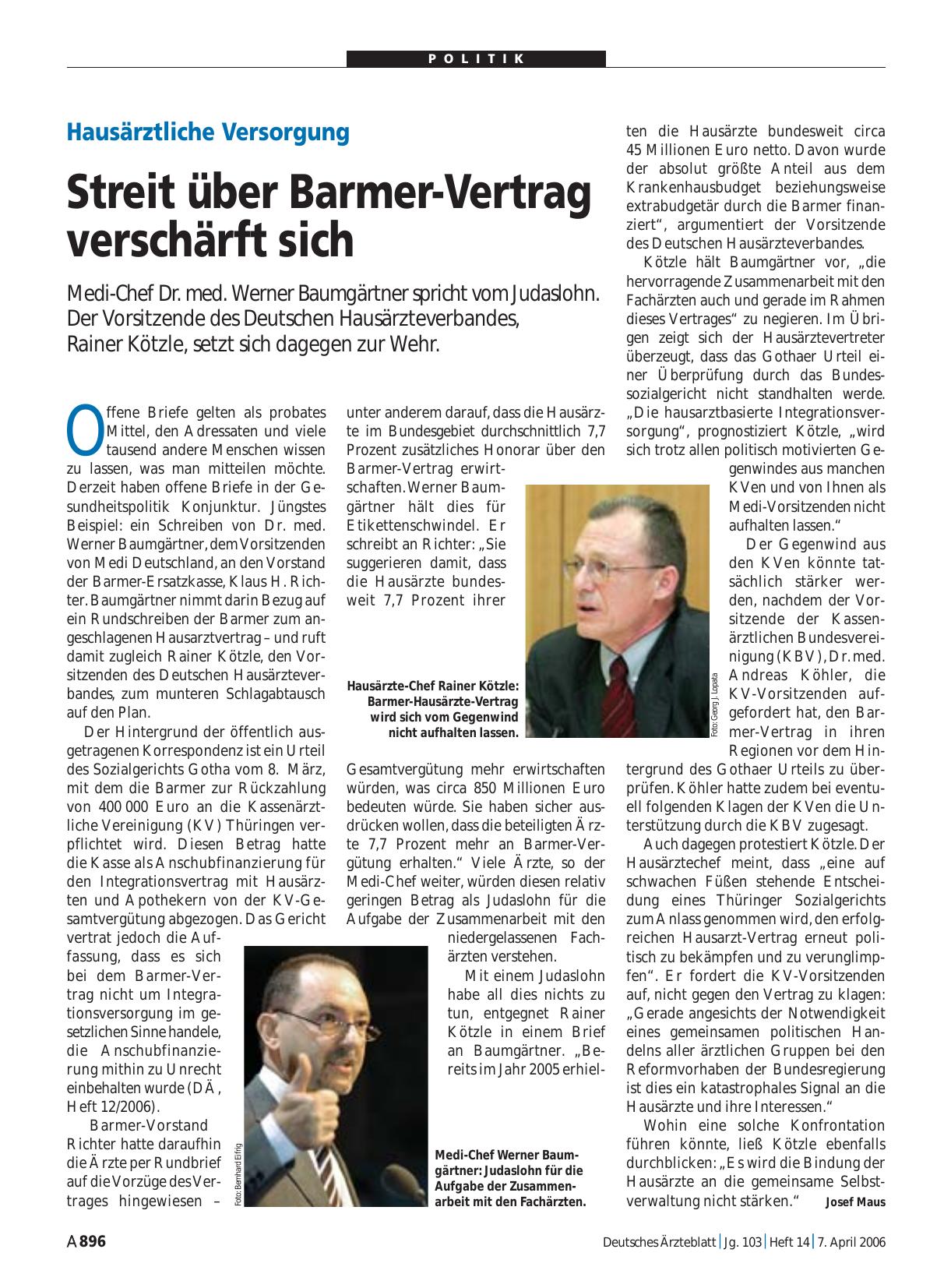 Vorschauseite 1: Hausärztliche Versorgung: Streit über Barmer-Vertrag verschärft sich
