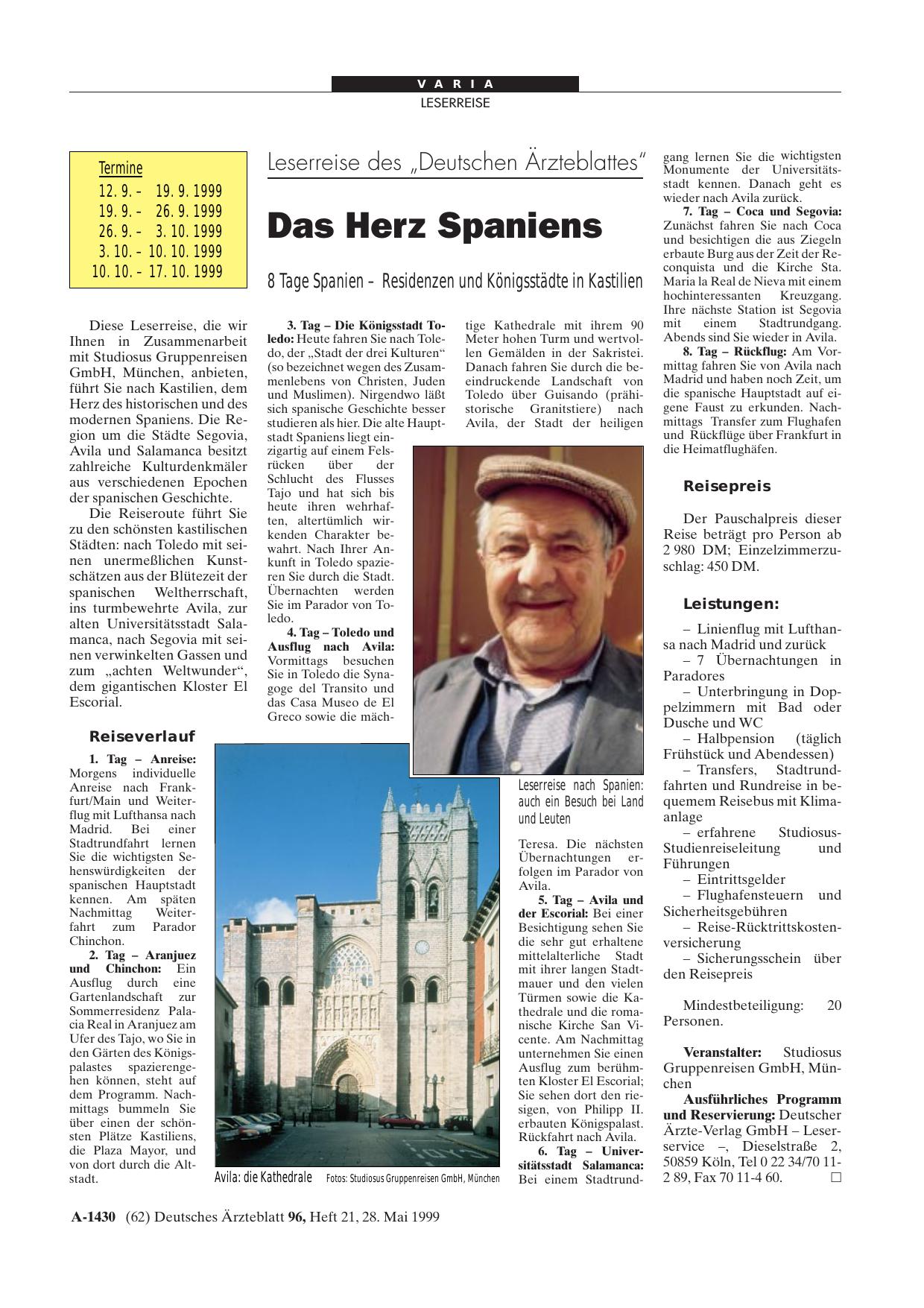 Vorschauseite 1: Leserreise des „Deutschen Ärzteblattes“: Das Herz Spaniens
