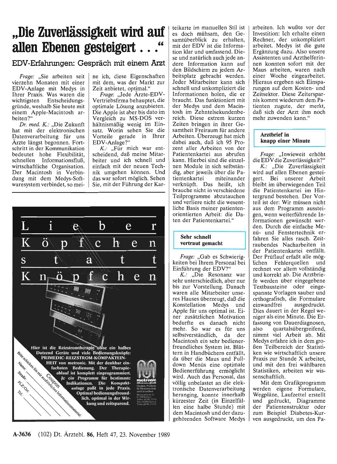 Vorschauseite 1: „Die Zuverlässigkeit wird auf allen Ebenen gesteigert. .. ” EDV-Erfahrungen: Gespräch mit einem Arzt