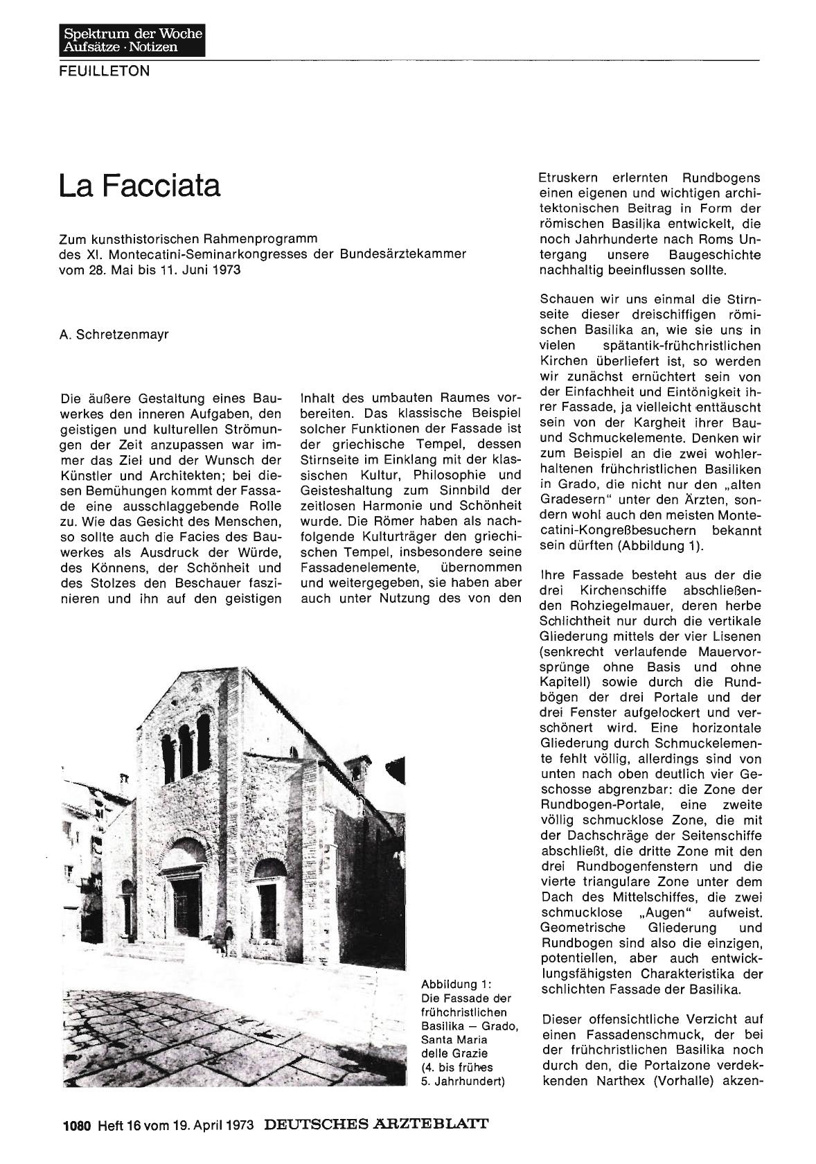 Vorschauseite 1: La Facciata: Zum kunsthistorischen Rahmenprogramm des Xl. Montecatini-Seminarkongresses der Bundesärztekammer vom 28. Mai bis 11. Juni 1973