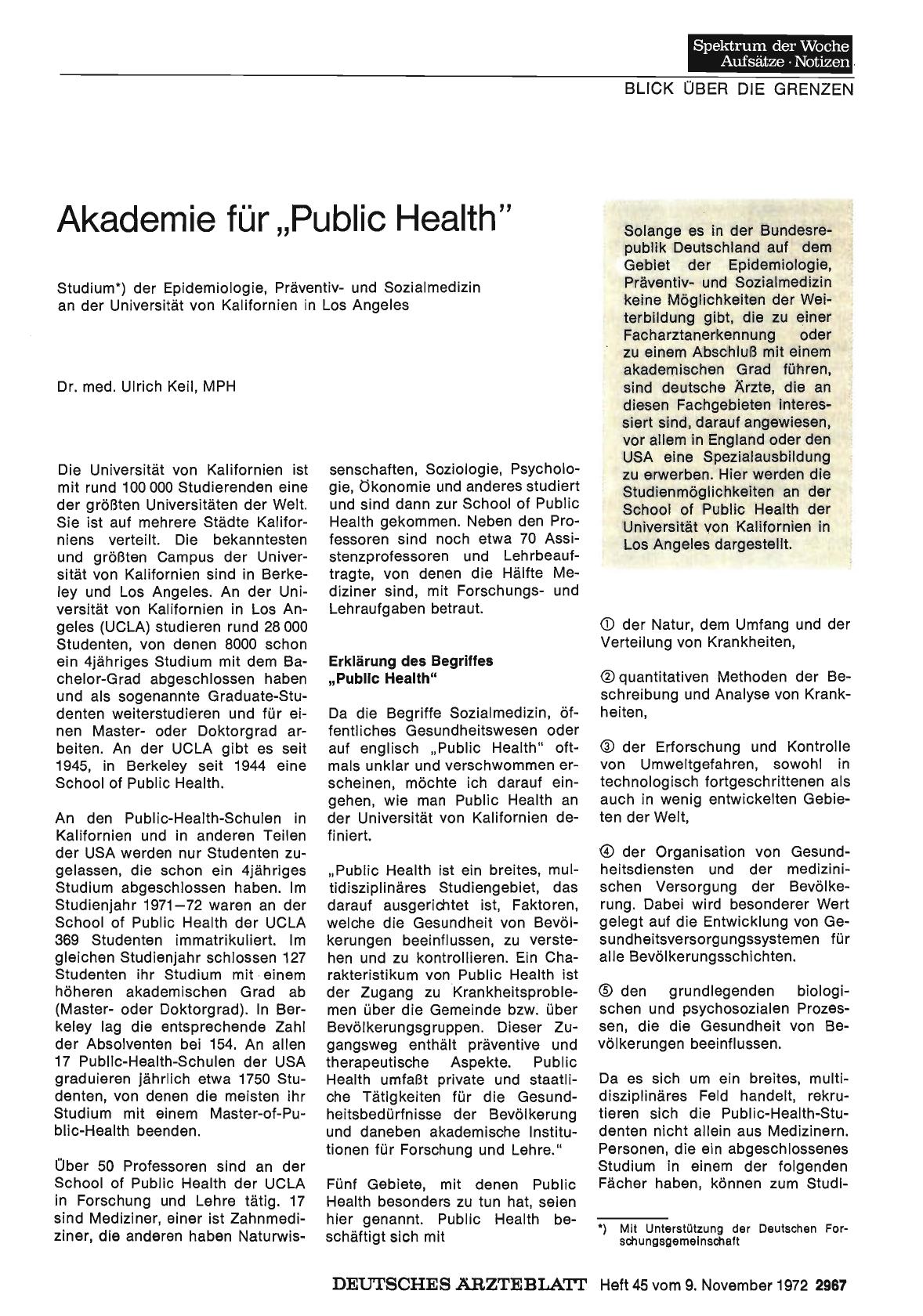 Vorschauseite 1: Akademie für „Public Health": Studium der Epidemiologie, Präventivund Sozialmedizin an der Universität von Kalifornien in Los Angeles