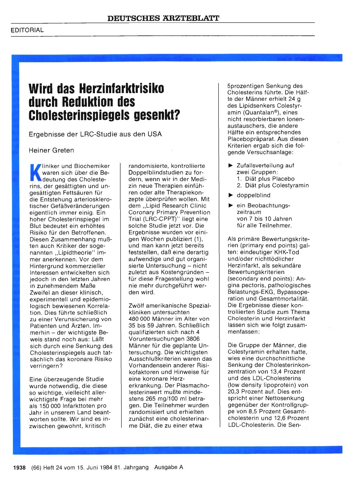 Vorschauseite 1: Wird das Herzinfarktrisiko durch Reduktion des Cholesterinspiegels gesenkt?