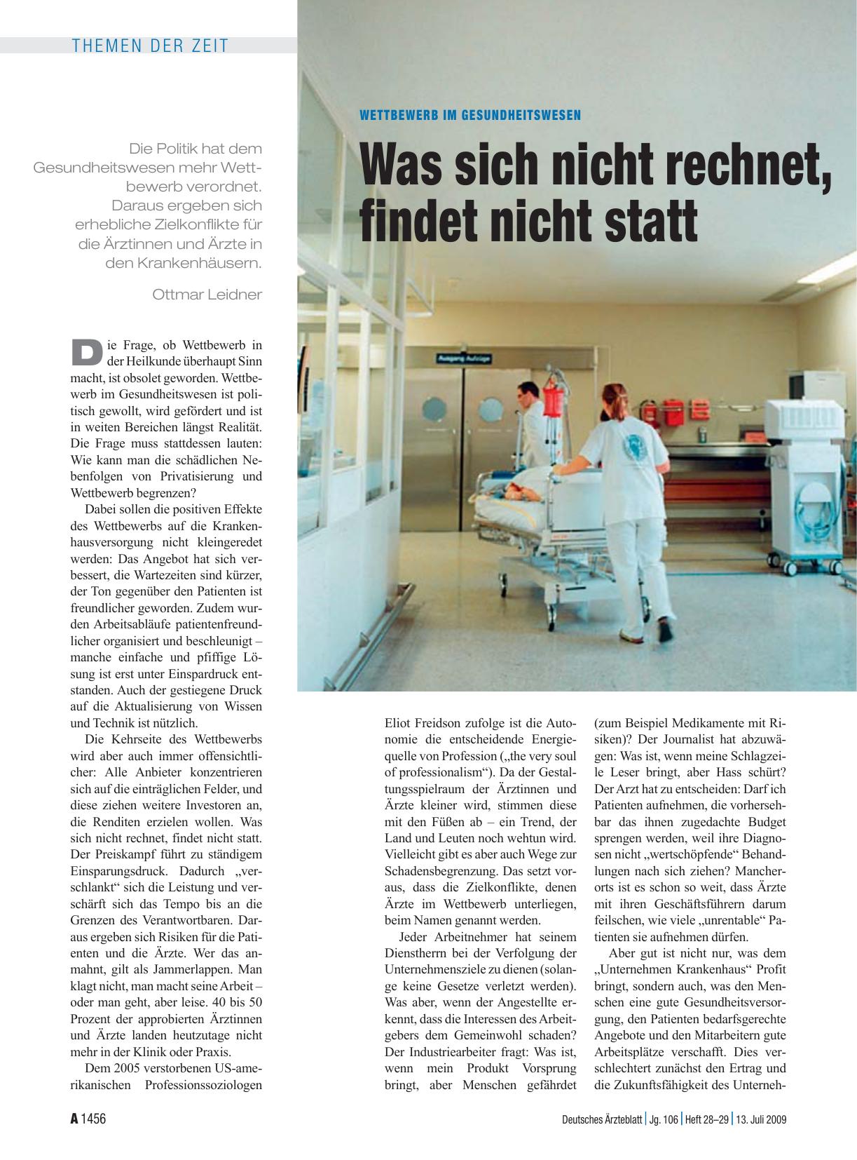 Vorschauseite 1: Wettbewerb im Gesundheitswesen: Was sich nicht rechnet, findet nicht statt