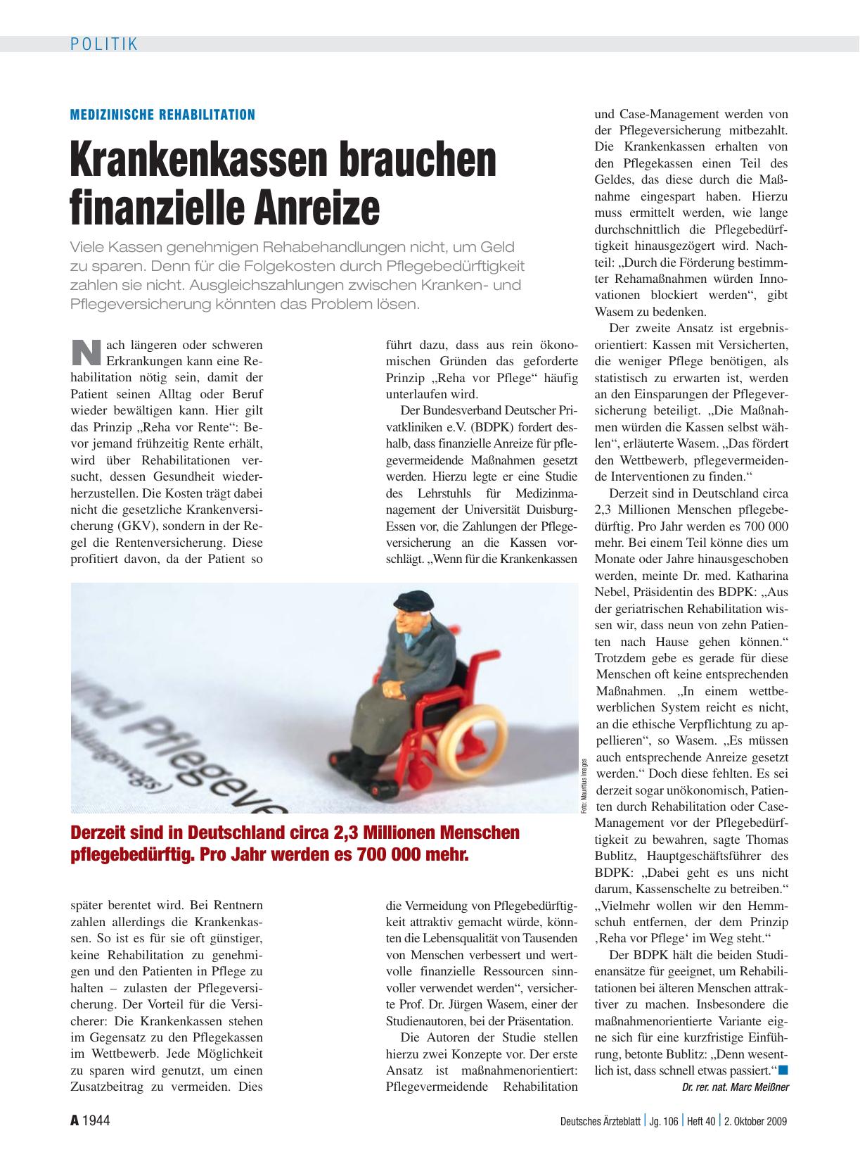 Vorschauseite 1: Medizinische Rehabilitation: Krankenkassen brauchen finanzielle Anreize