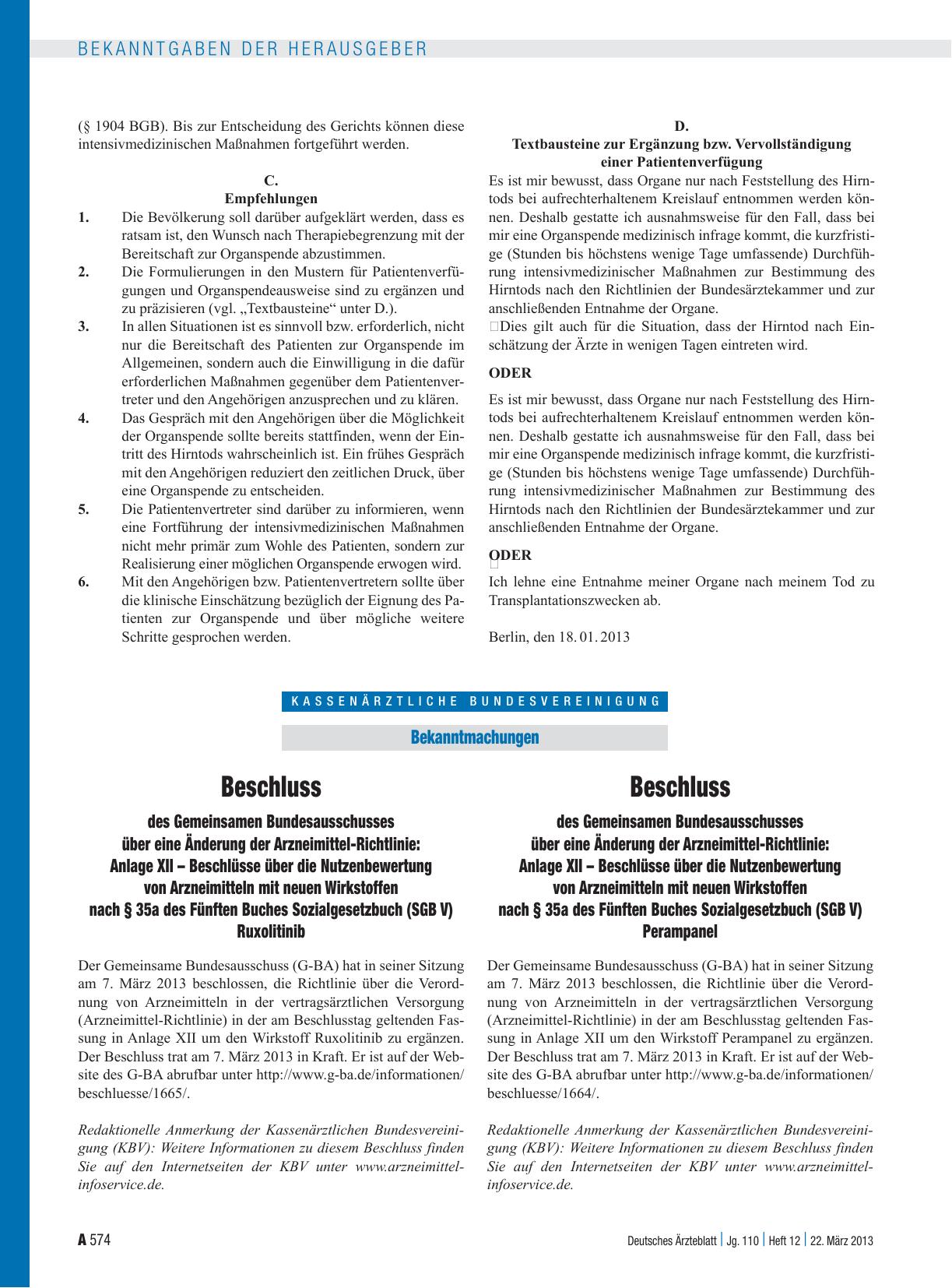 Vorschauseite 1: Beschluss des Gemeinsamen Bundesausschusses über eine Änderung der Arzneimittel-Richtlinie: Anlage XII – Beschlüsse über die Nutzenbewertung von Arzneimitteln mit neuen Wirkstoffe…
