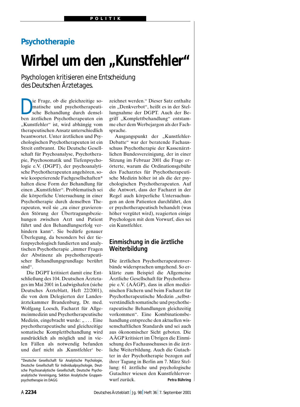 Vorschauseite 1: Psychotherapie: Wirbel um den „Kunstfehler“