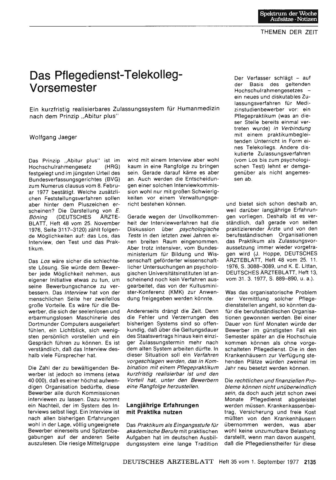 Vorschauseite 1: Das Pflegedienst-Telekolleg-Vorsemester: Ein kurzfristig realisierbares Zulassungssystem für Humanmedizin nach dem Prinzip „Abitur plus“