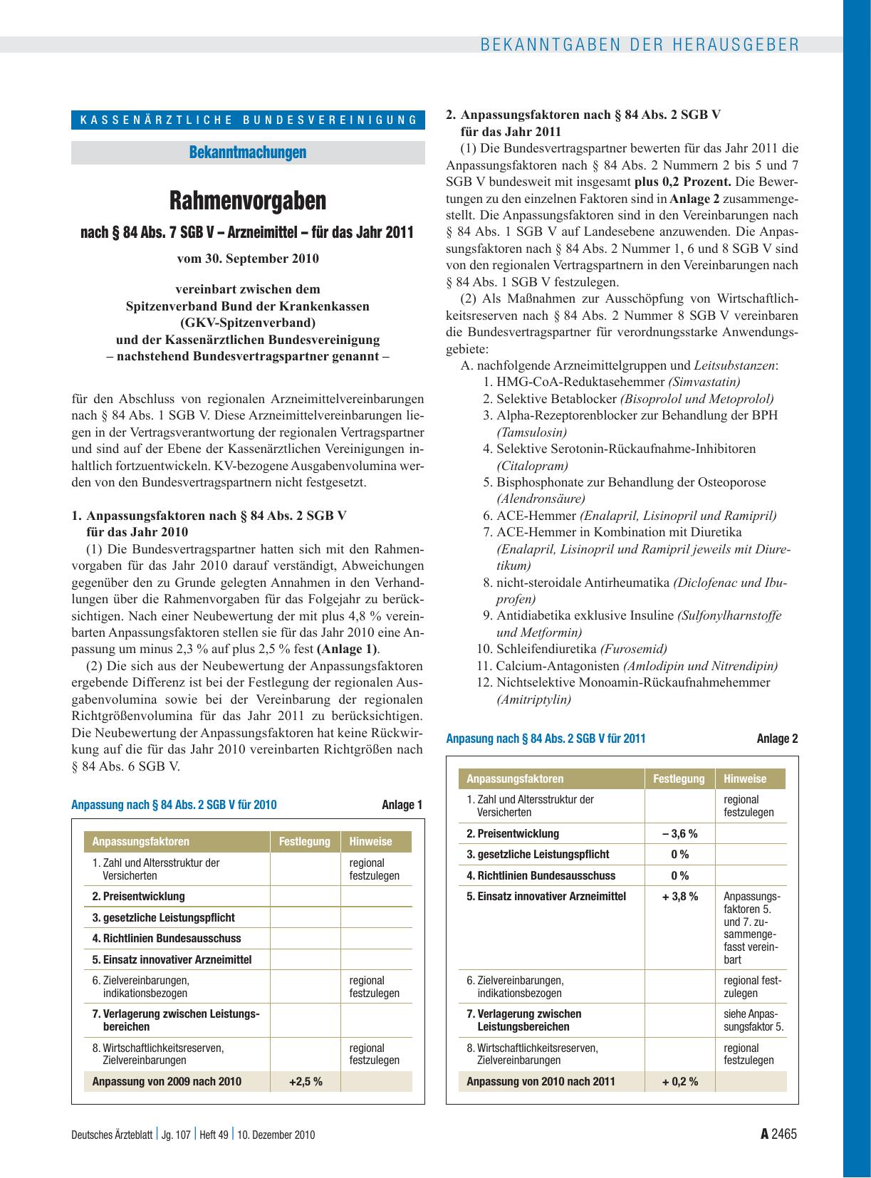 Vorschauseite 1: Rahmenvorgaben nach § 84 Abs. 7 SGB V – Arzneimittel – für das Jahr 2011
