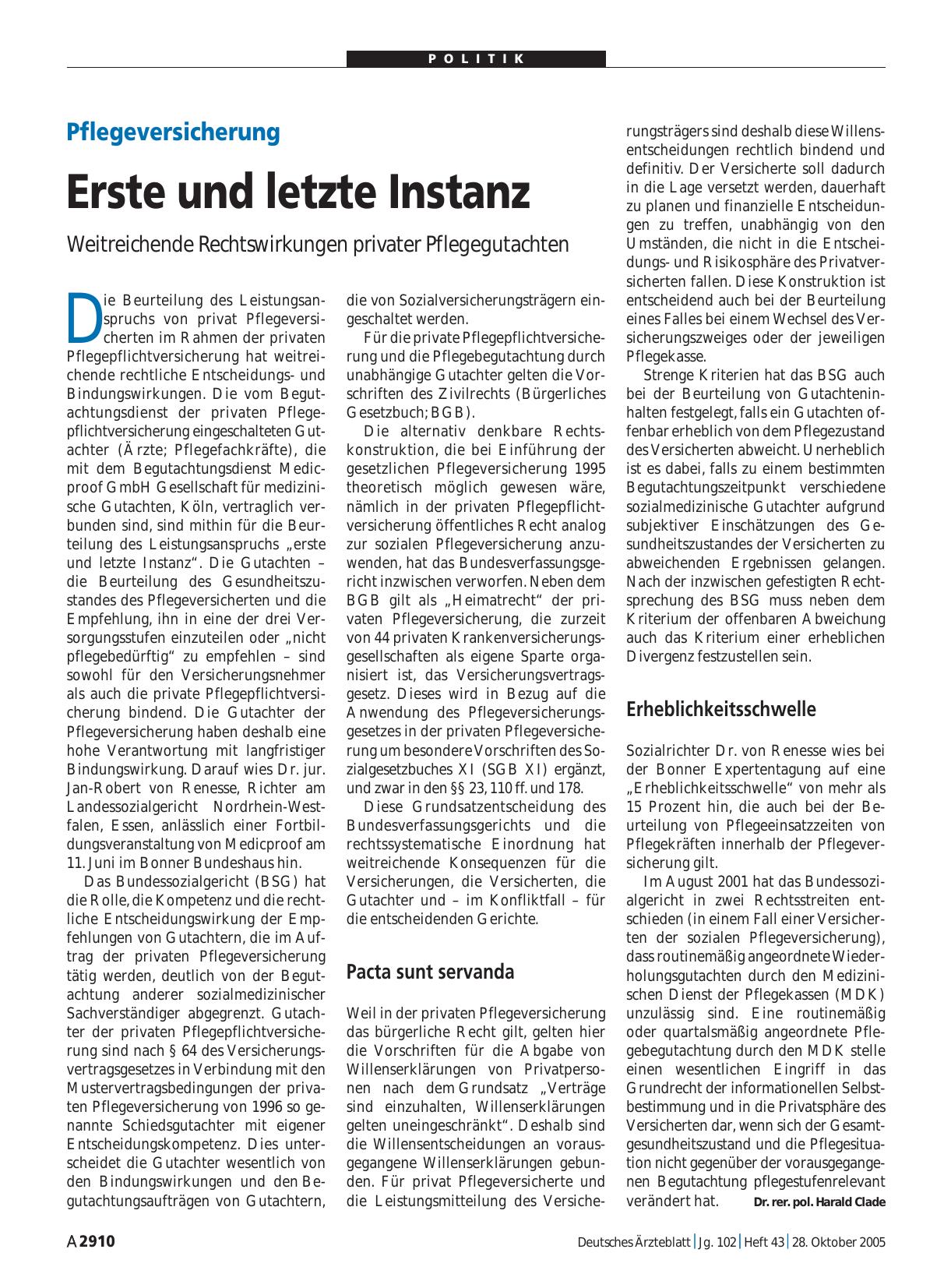 Vorschauseite 1: Pflegeversicherung: Erste und letzte Instanz