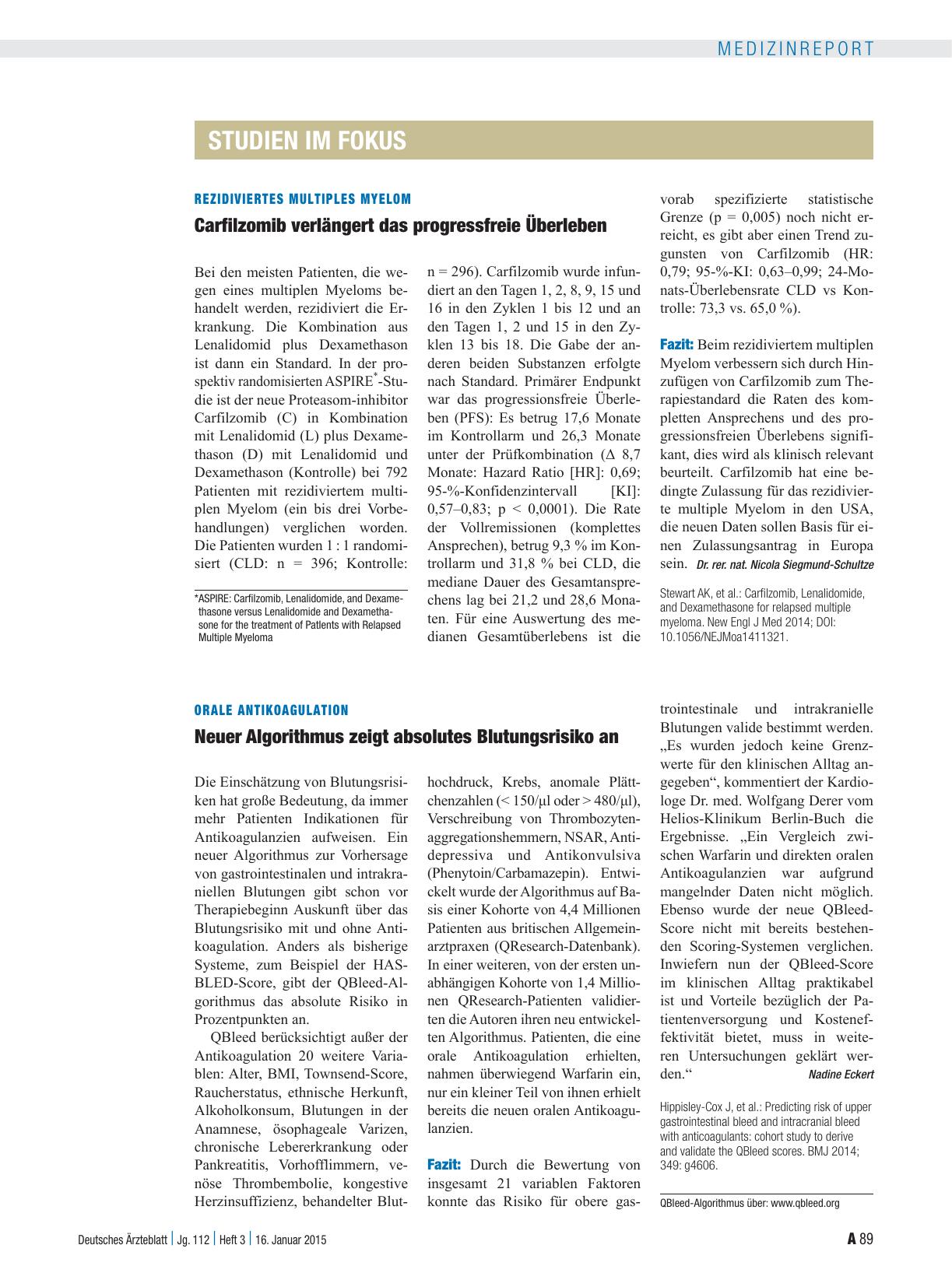 Vorschauseite 1: Rezidiviertes Multiples Myelom: Carfilzomib verlängert das progressfreie Überleben