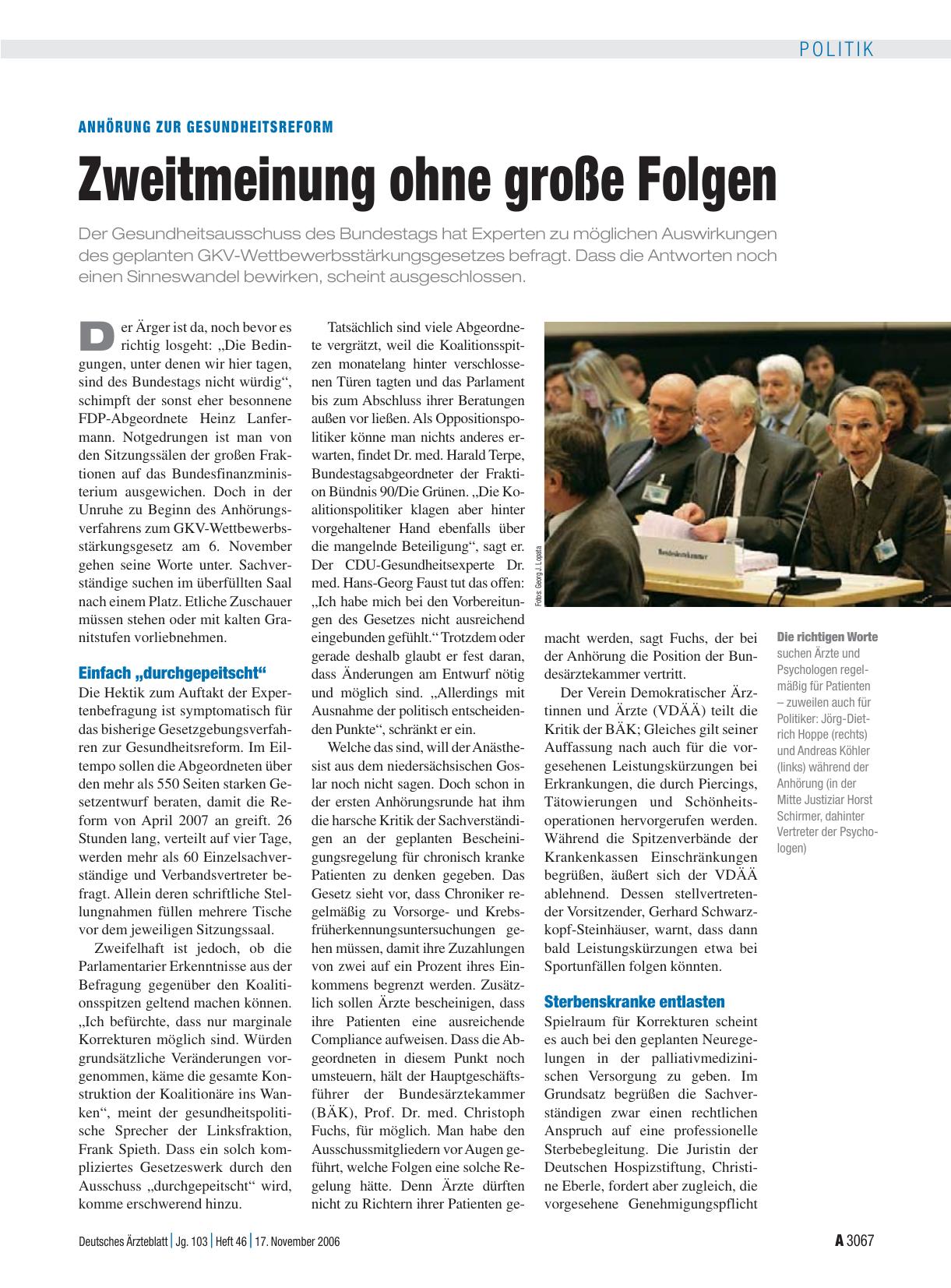 Vorschauseite 1: Anhörung zur Gesundheitsreform: Zweitmeinung ohne große Folgen