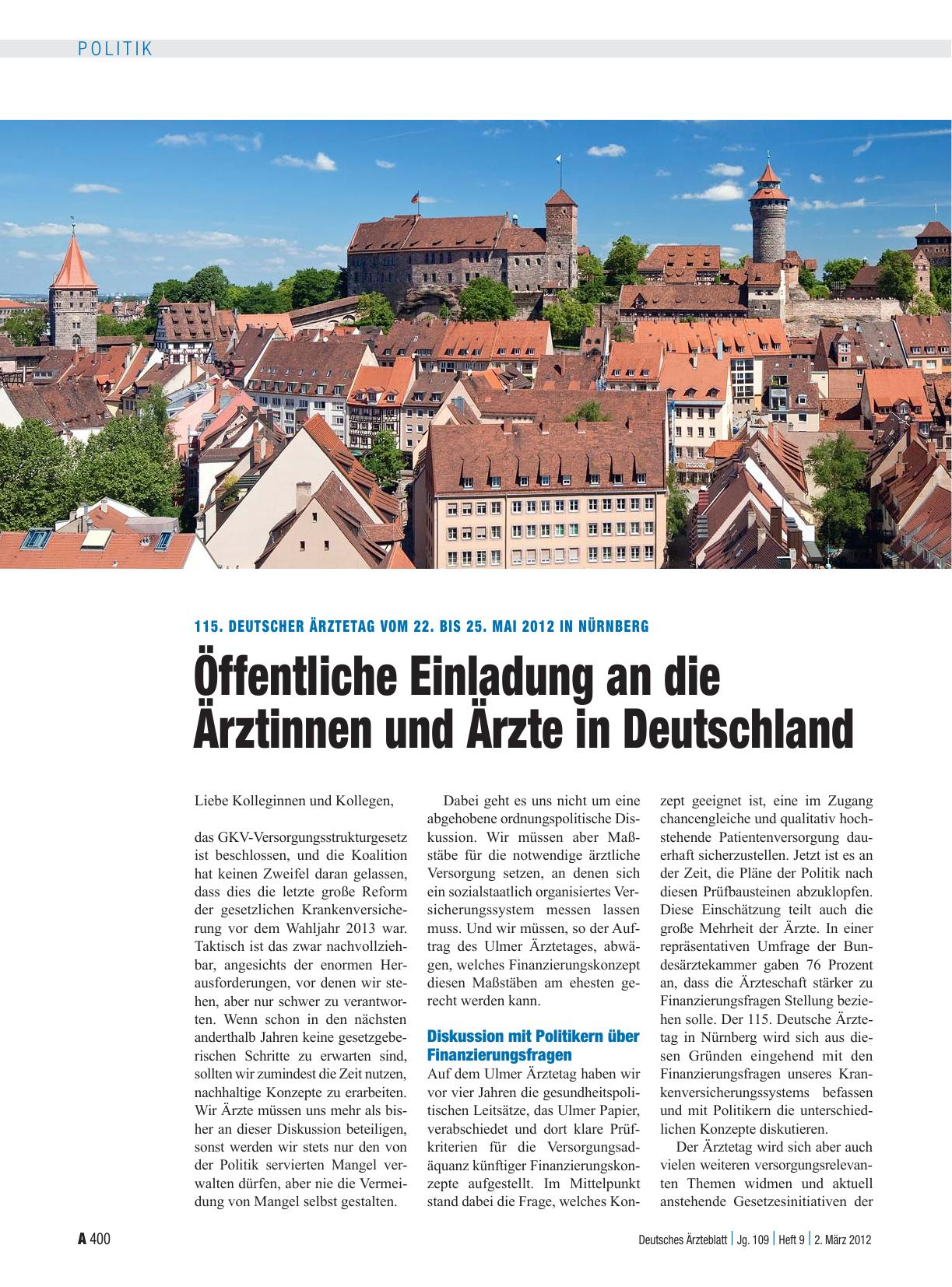 Vorschauseite 1: 115. Deutscher Ärztetag vom 22. bis 25. Mai 2012 in Nürnberg: Öffentliche Einladung an die Ärztinnen und Ärzte in Deutschland