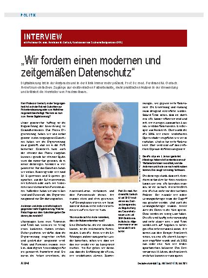 Vorschauseite 1: Interview mit Professor Dr. med. Ferdinand M. Gerlach, Vorsitzender des Sachverständigenrates (SVR): „Wir fordern einen modernen und zeitgemäßen Datenschutz“