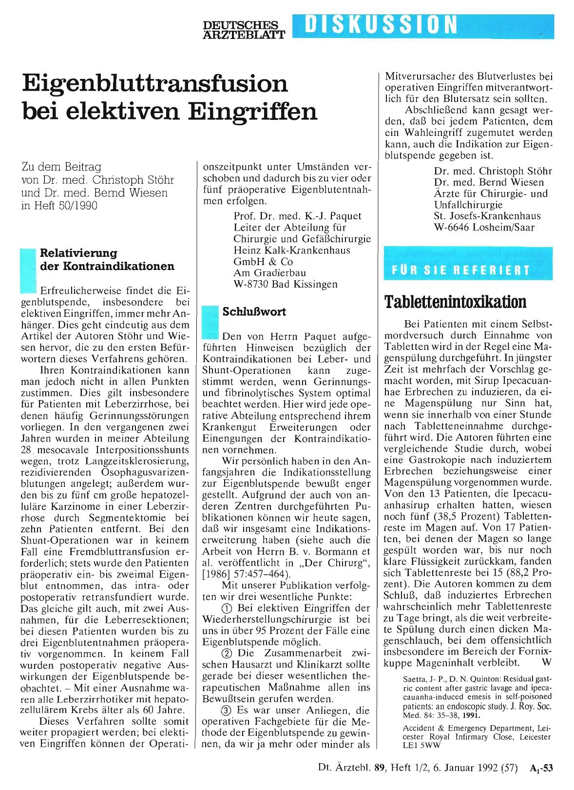 Vorschauseite 1: Eigenbluttransfusion bei elektiven Eingriffen: Relativierung der Kontraindikationen