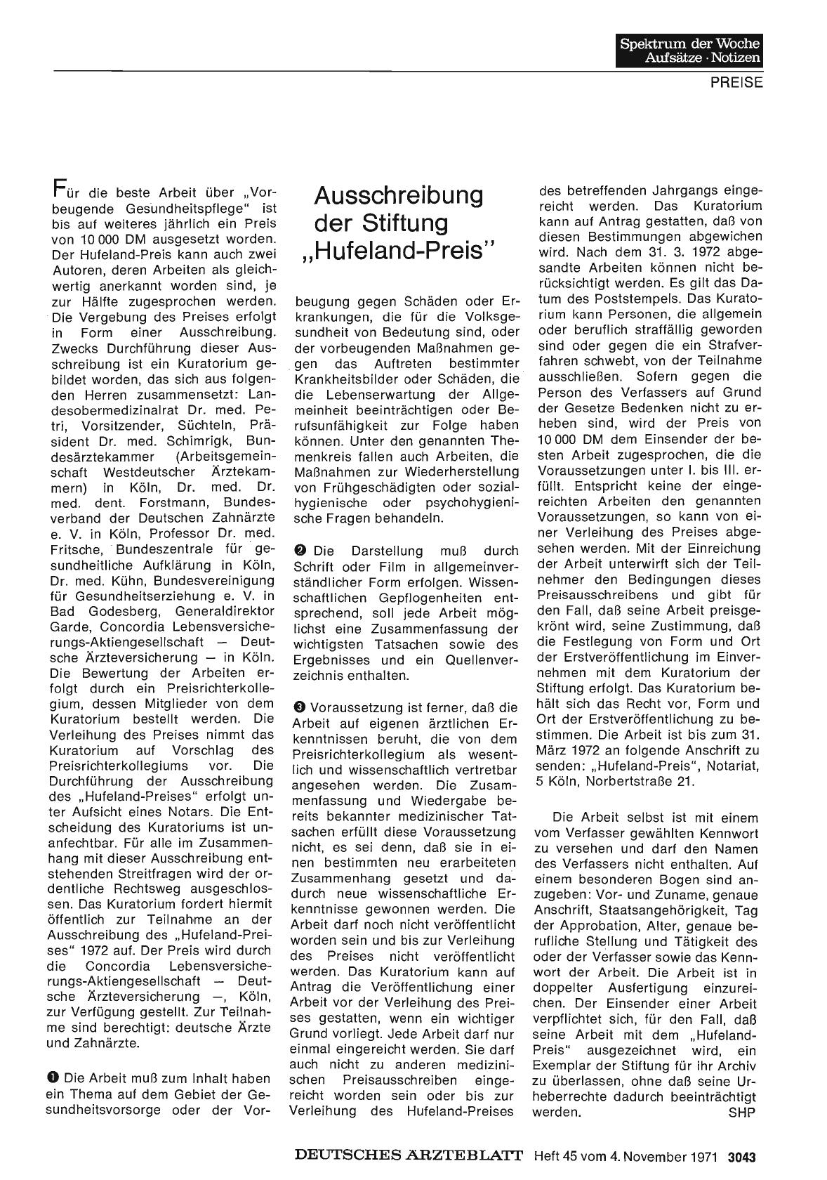 Vorschauseite 1: Ausschreibung der Stiftung „Hufeland-Preis"