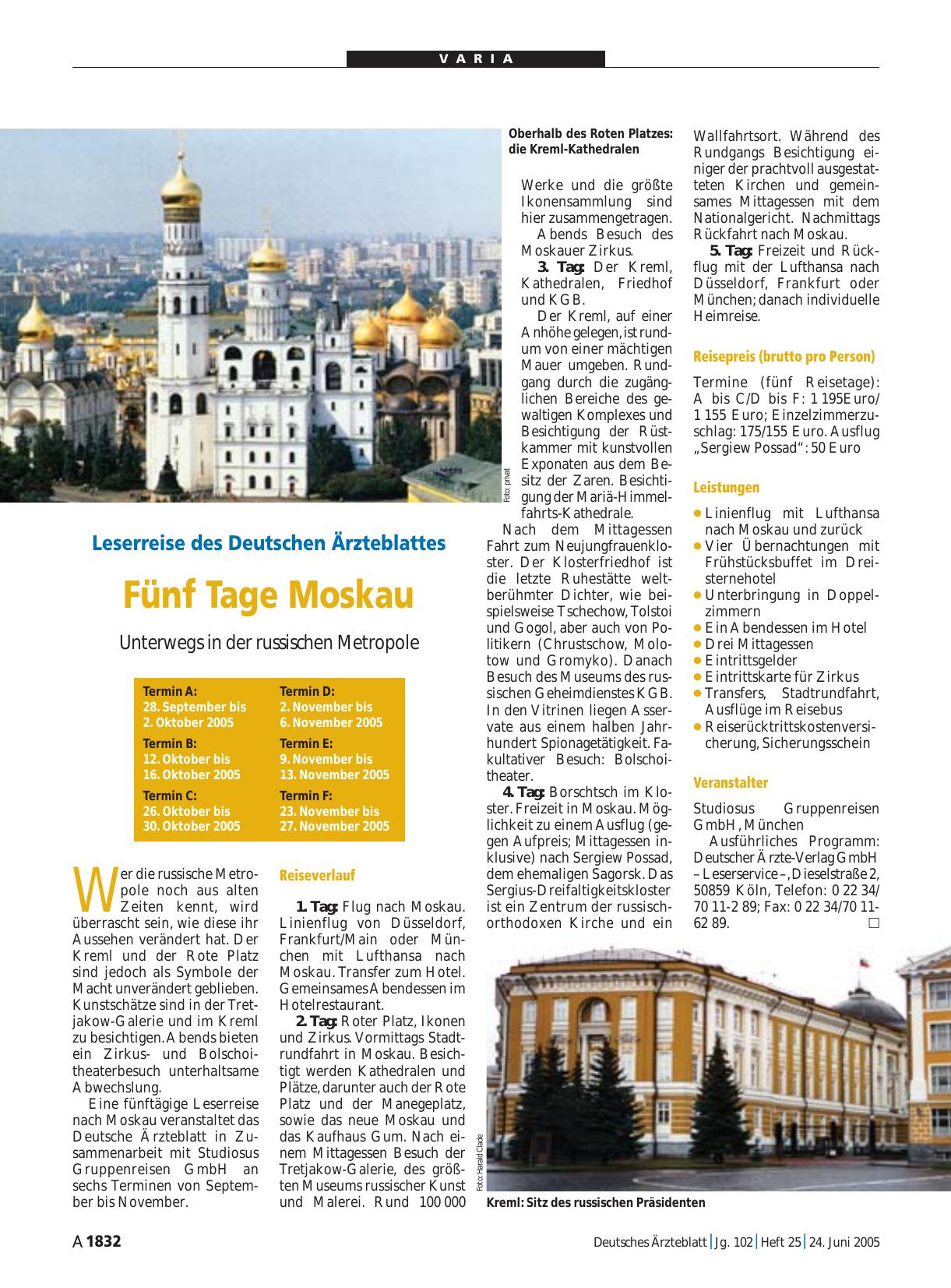 Vorschauseite 1: Leserreise des Deutschen Ärzteblattes: Fünf Tage Moskau