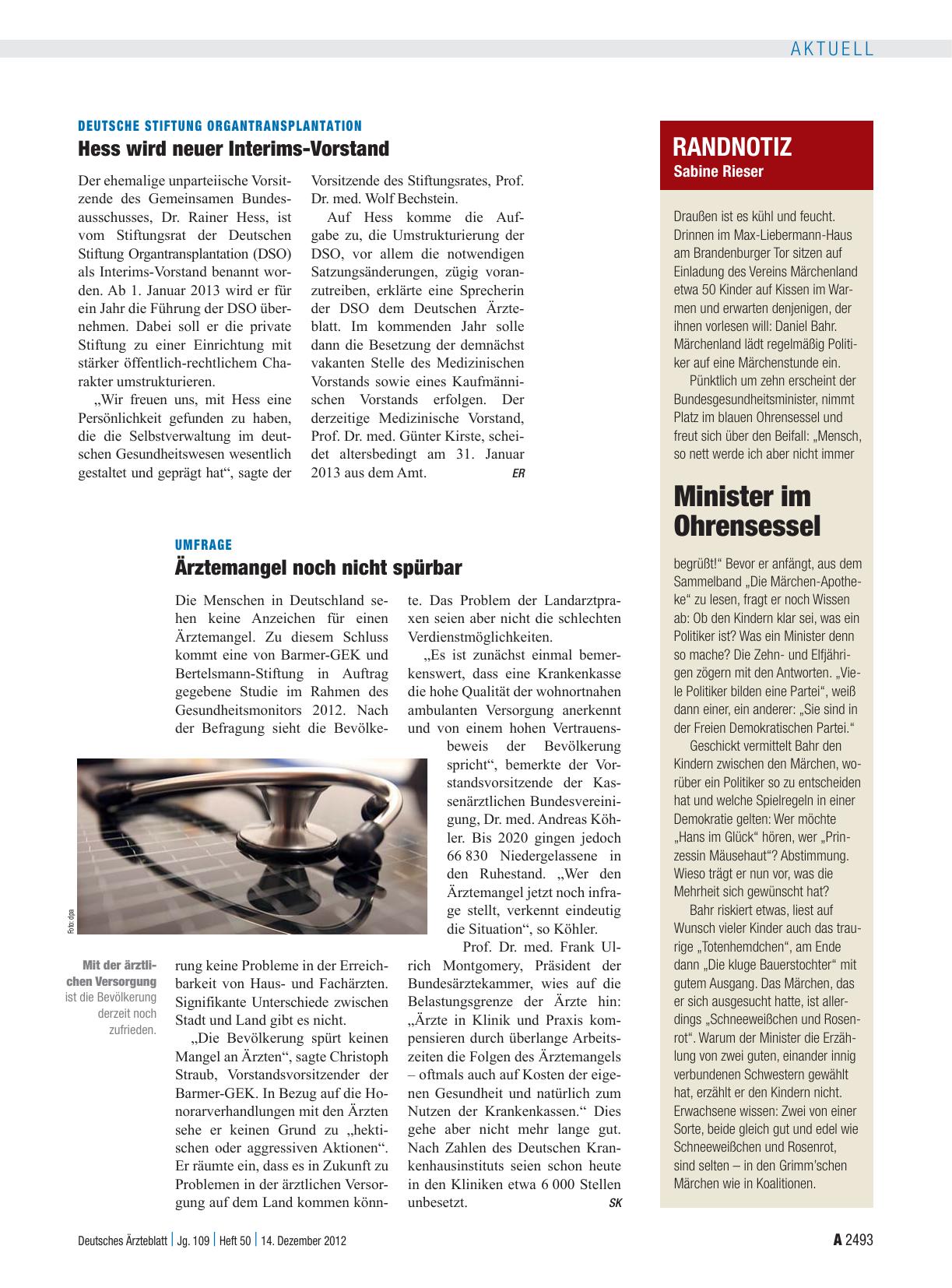 Vorschauseite 1: Umfrage: Ärztemangel noch nicht spürbar