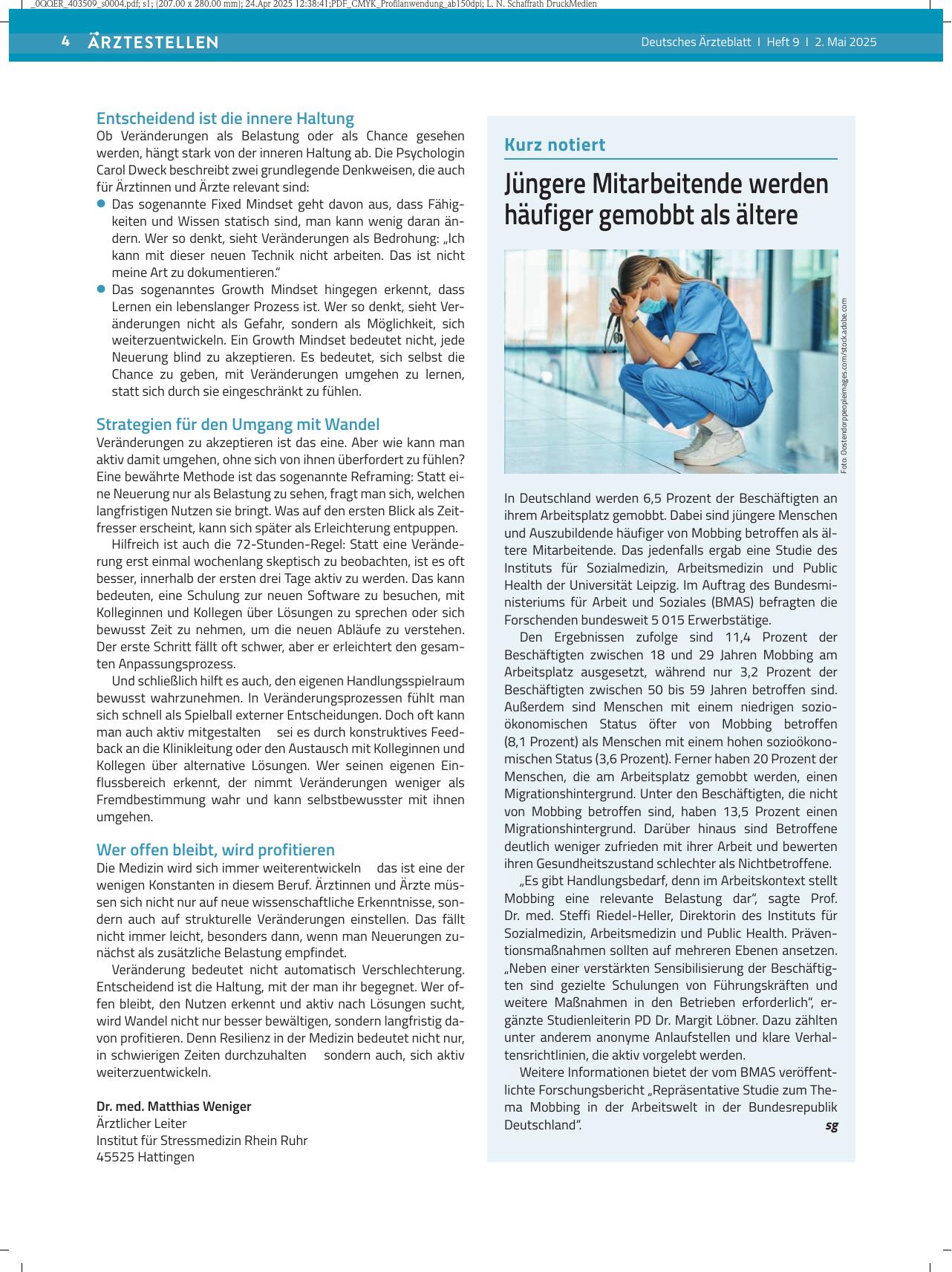 Vorschauseite 1: Jüngere Mitarbeitende werden häufiger gemobbt als ältere.