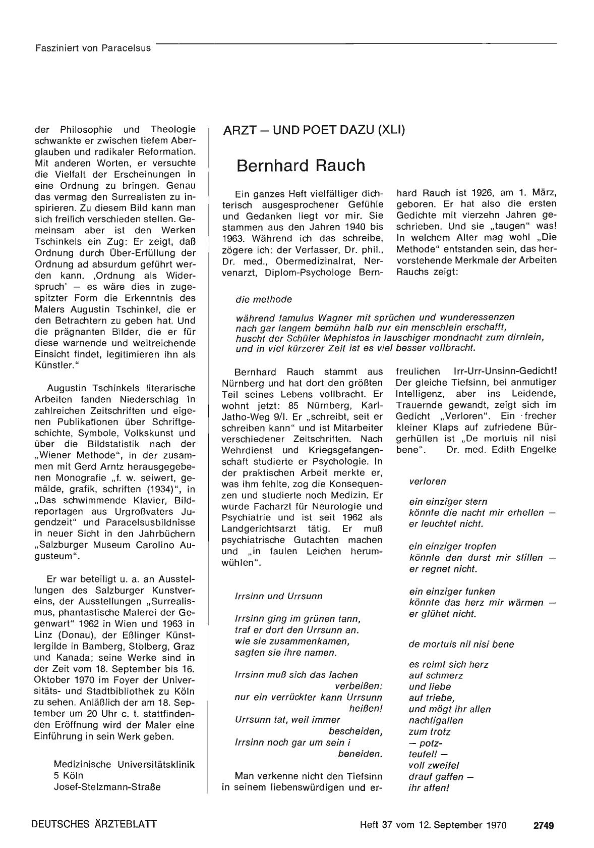 Vorschauseite 1: Arzt — und Poet dazu (XLI): Bernhard Rauch
