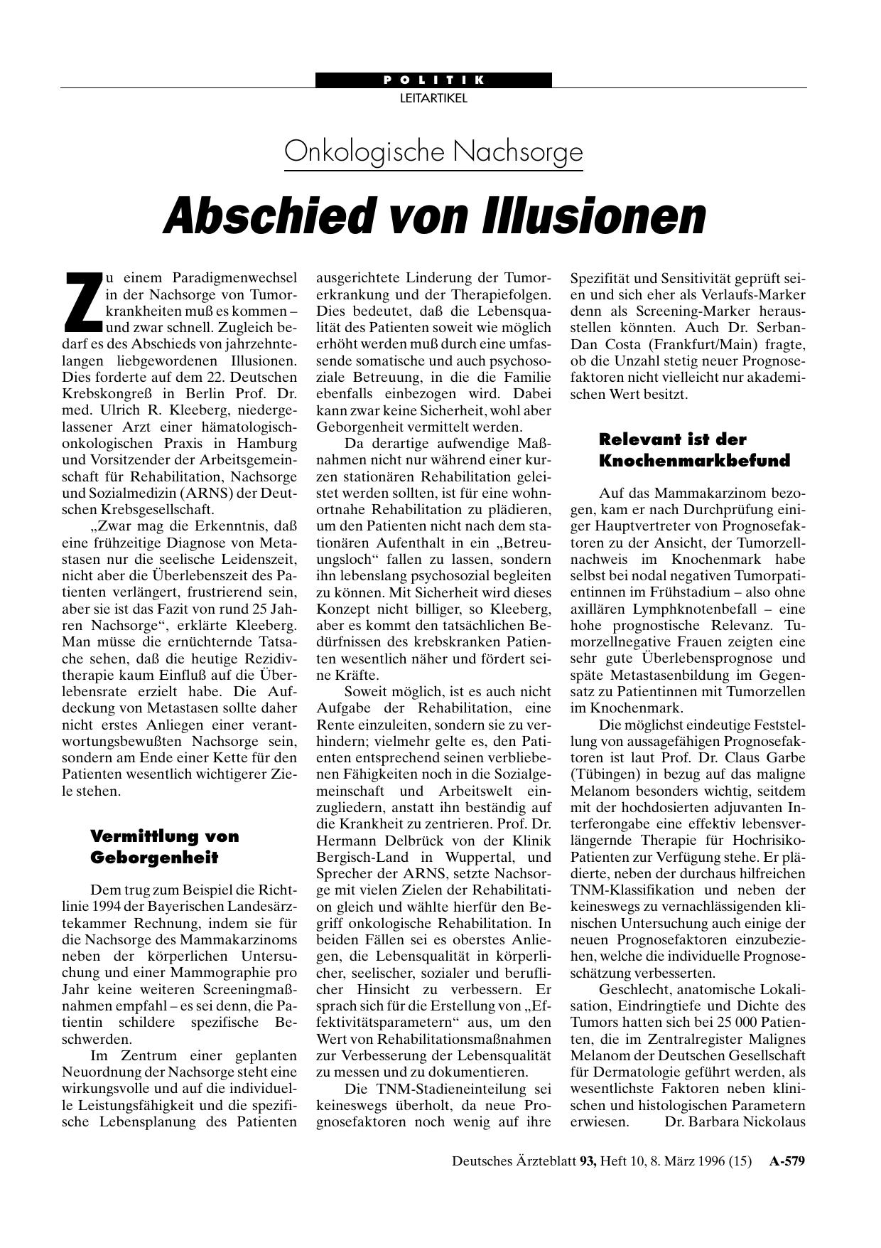 Vorschauseite 1: Onkologische Nachsorge: Abschied von Illusionen