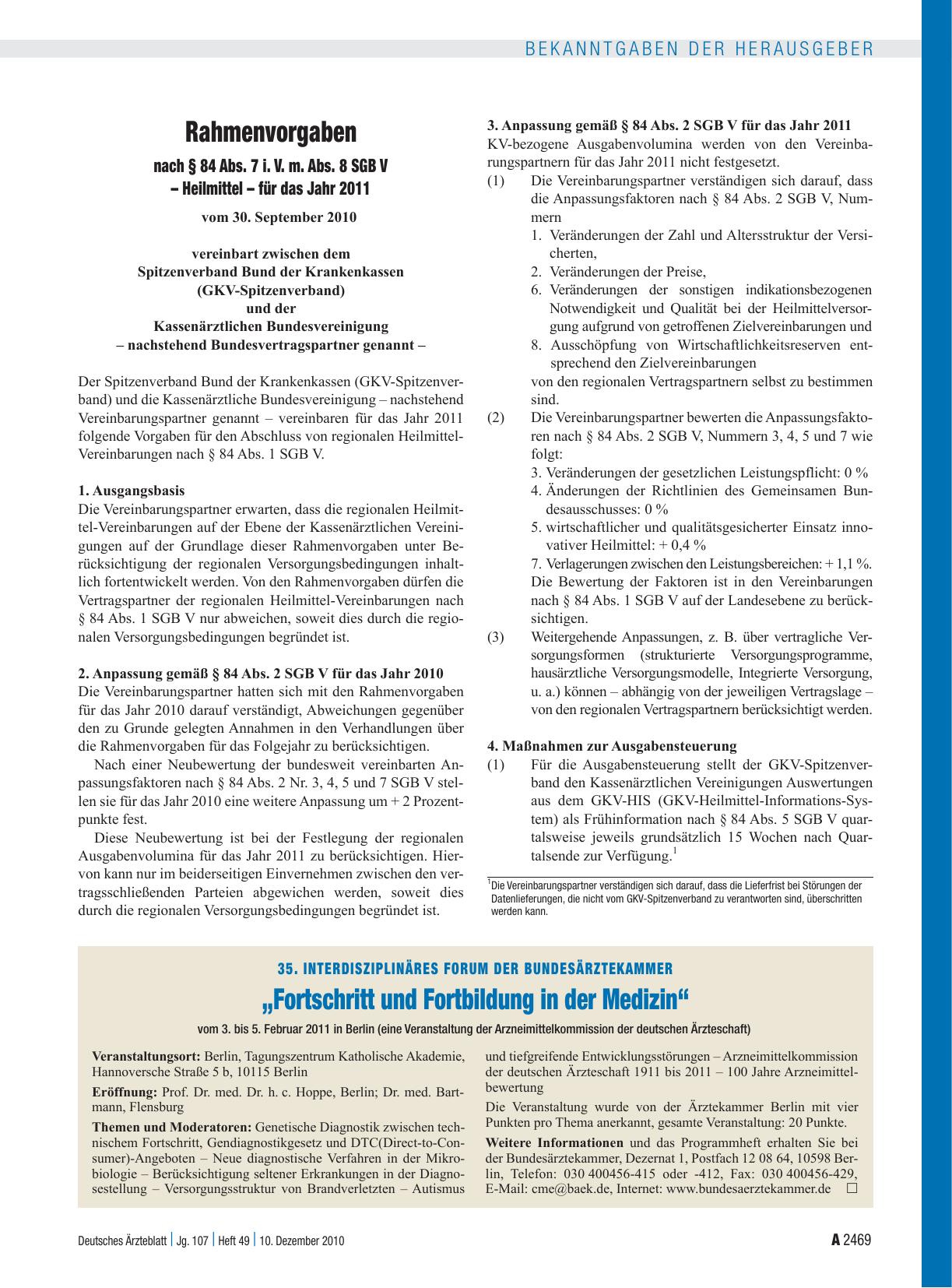 Vorschauseite 1: Rahmenvorgaben nach § 84 Abs. 7 i. V. m. Abs. 8 SGB V – Heilmittel – für das Jahr 2011