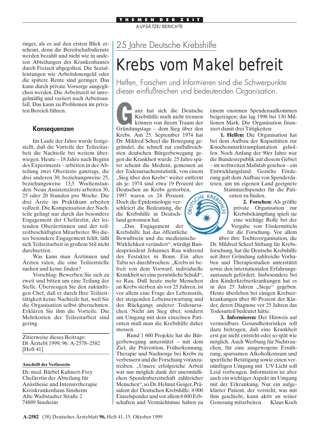 Vorschauseite 1: 25 Jahre Deutsche Krebshilfe: Krebs vom Makel befreit