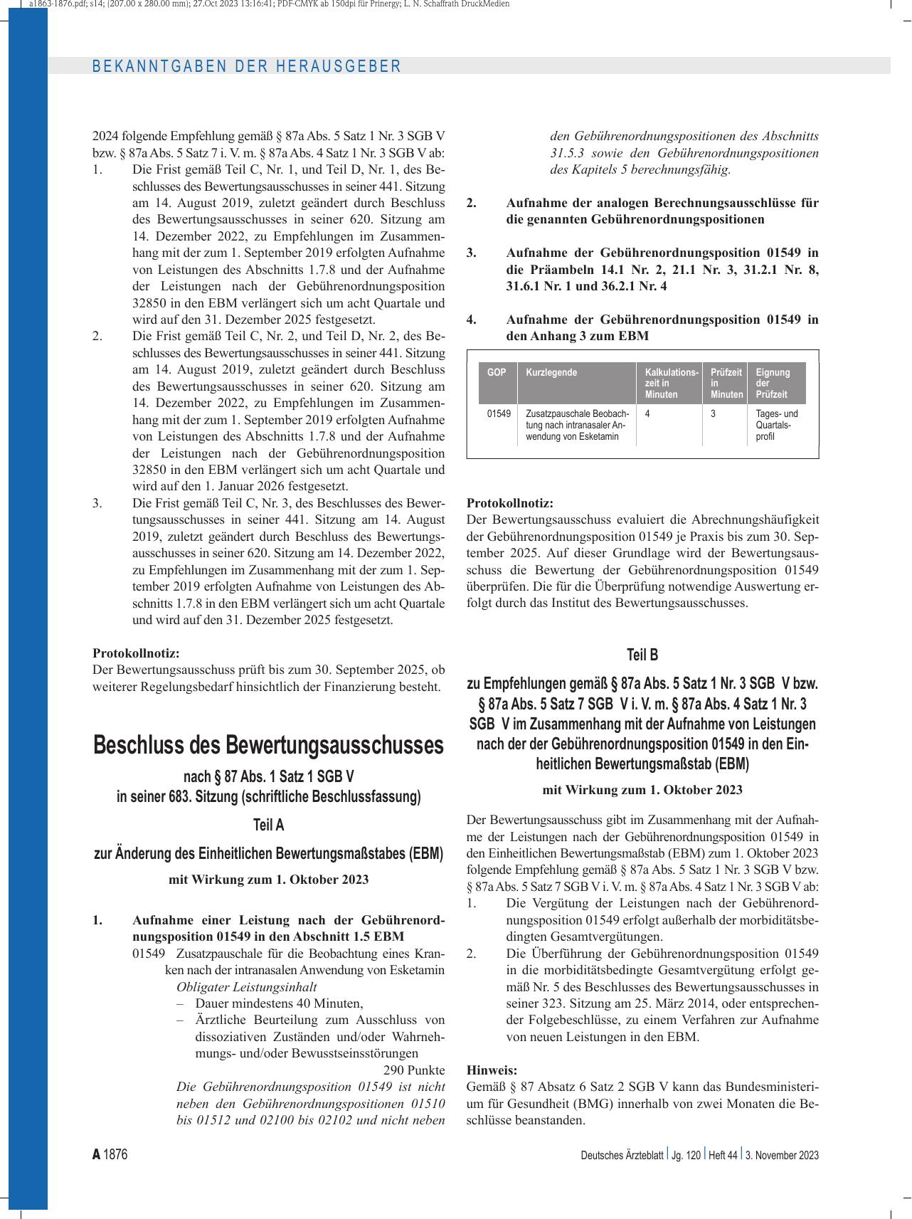 Vorschauseite 1: Beschluss des Bewertungsausschusses nach § 87 Abs. 1 Satz 1 SGB V in seiner 683. Sitzung (schriftliche Beschlussfassung)