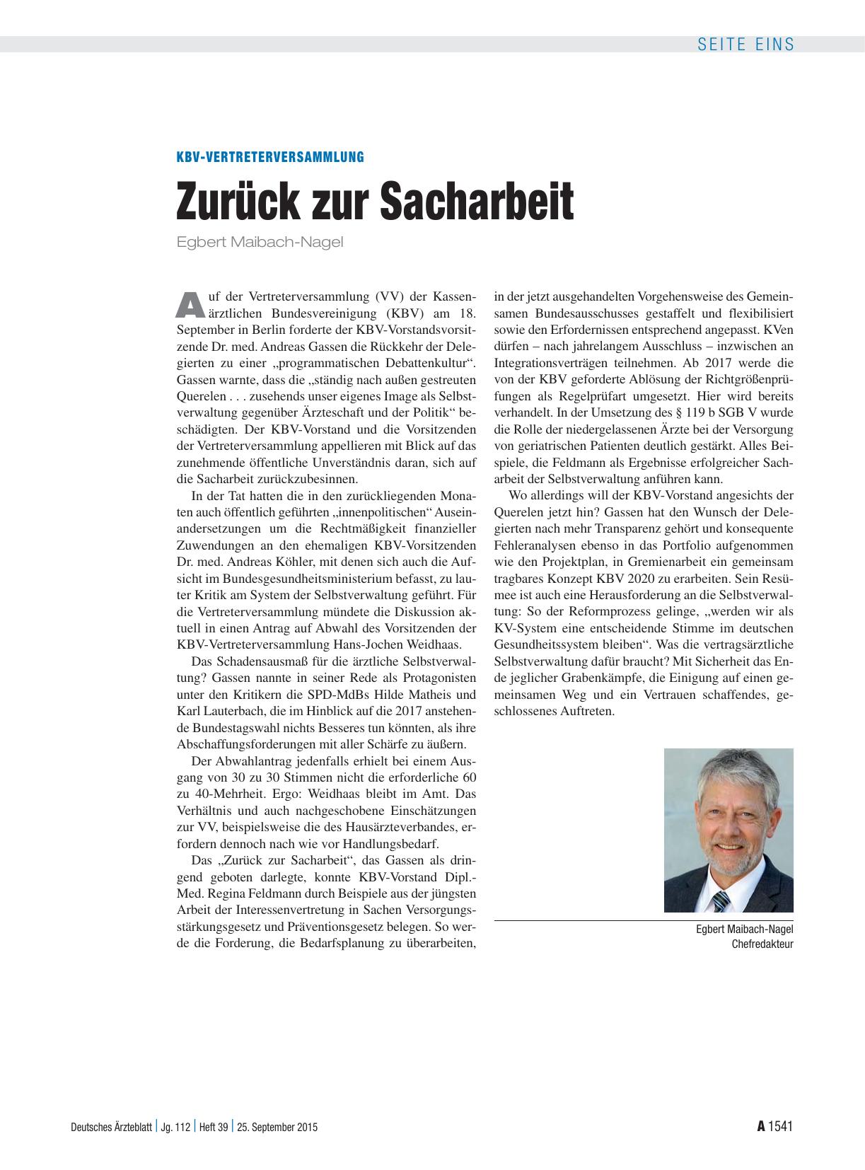 Vorschauseite 1: KBV-Vertreterversammlung: Zurück zur Sacharbeit