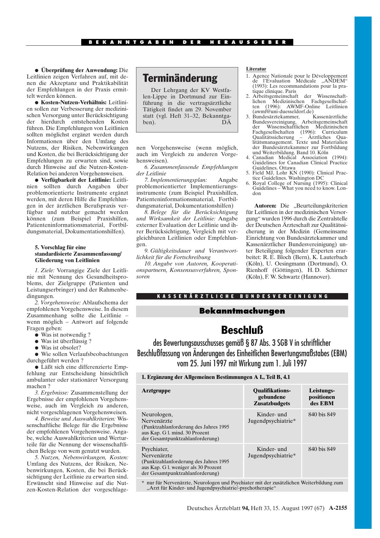 Vorschauseite 1: Bekanntmachungen: Beschluß des Bewertungsausschusses gemäß § 87 Abs. 3 SGB V in schriftlicher Beschlußfassung von Änderungen des Einheitlichen Bewertungsmaßstabes (EBM) vom 25. Ju…