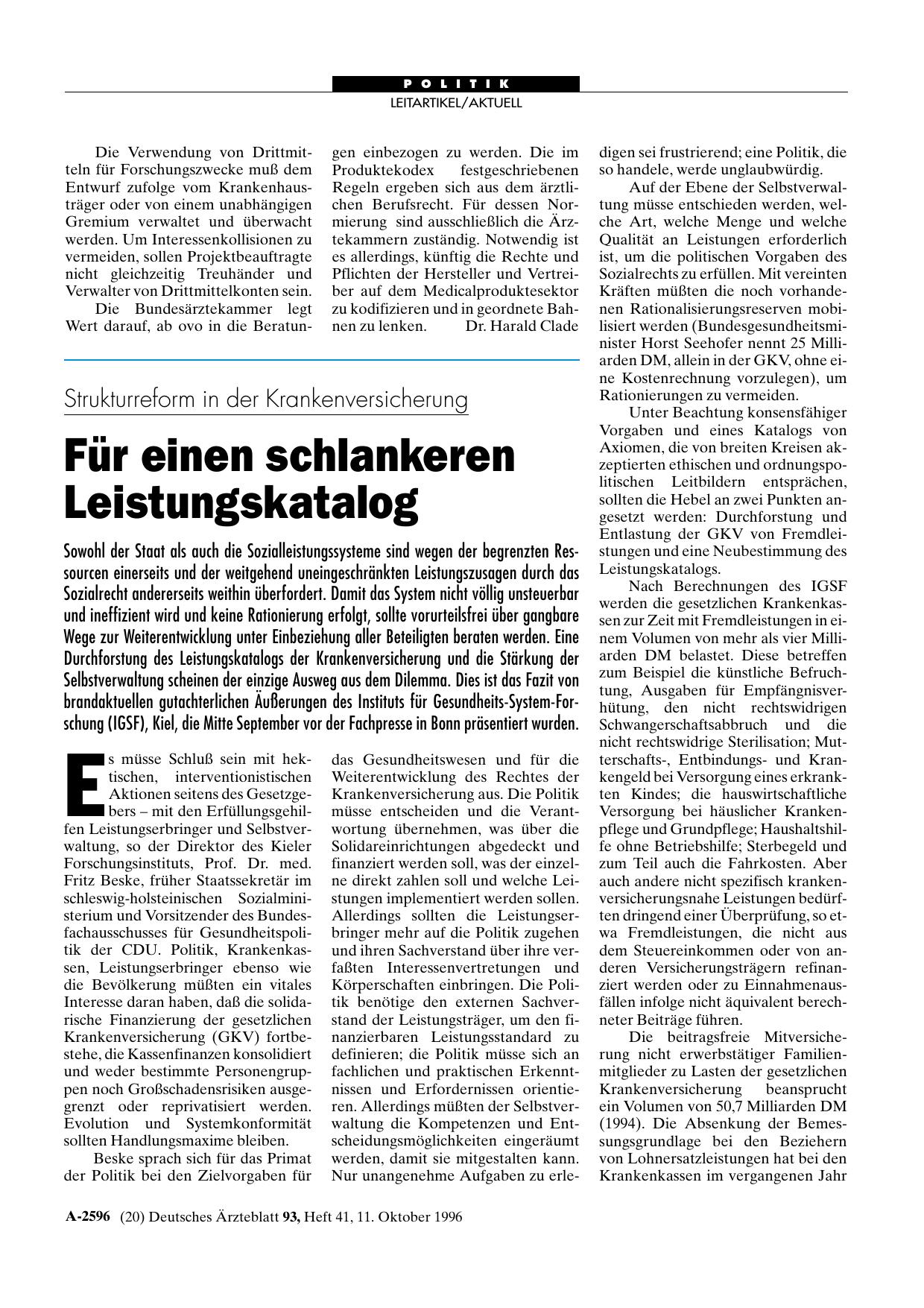 Vorschauseite 1: Strukturreform in der Krankenversicherung: Für einen schlankeren Leistungskatalog