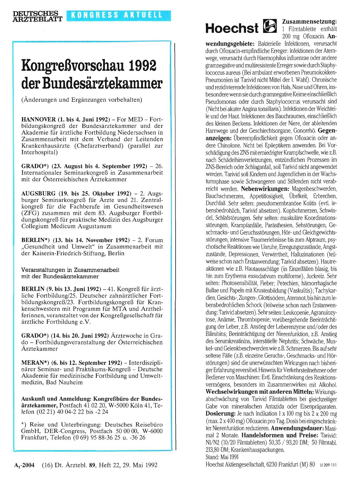 Vorschauseite 1: Kongreßvorschau 1992 der Bundesärztekammer