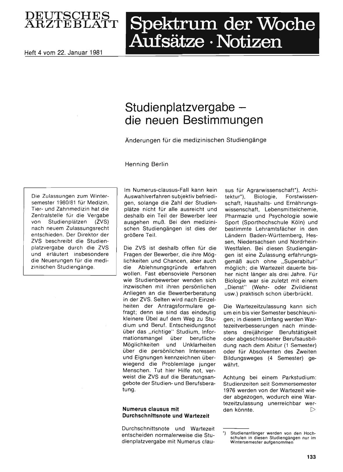 Vorschauseite 1: Studienplatzvergabe — die neuen Bestimmungen