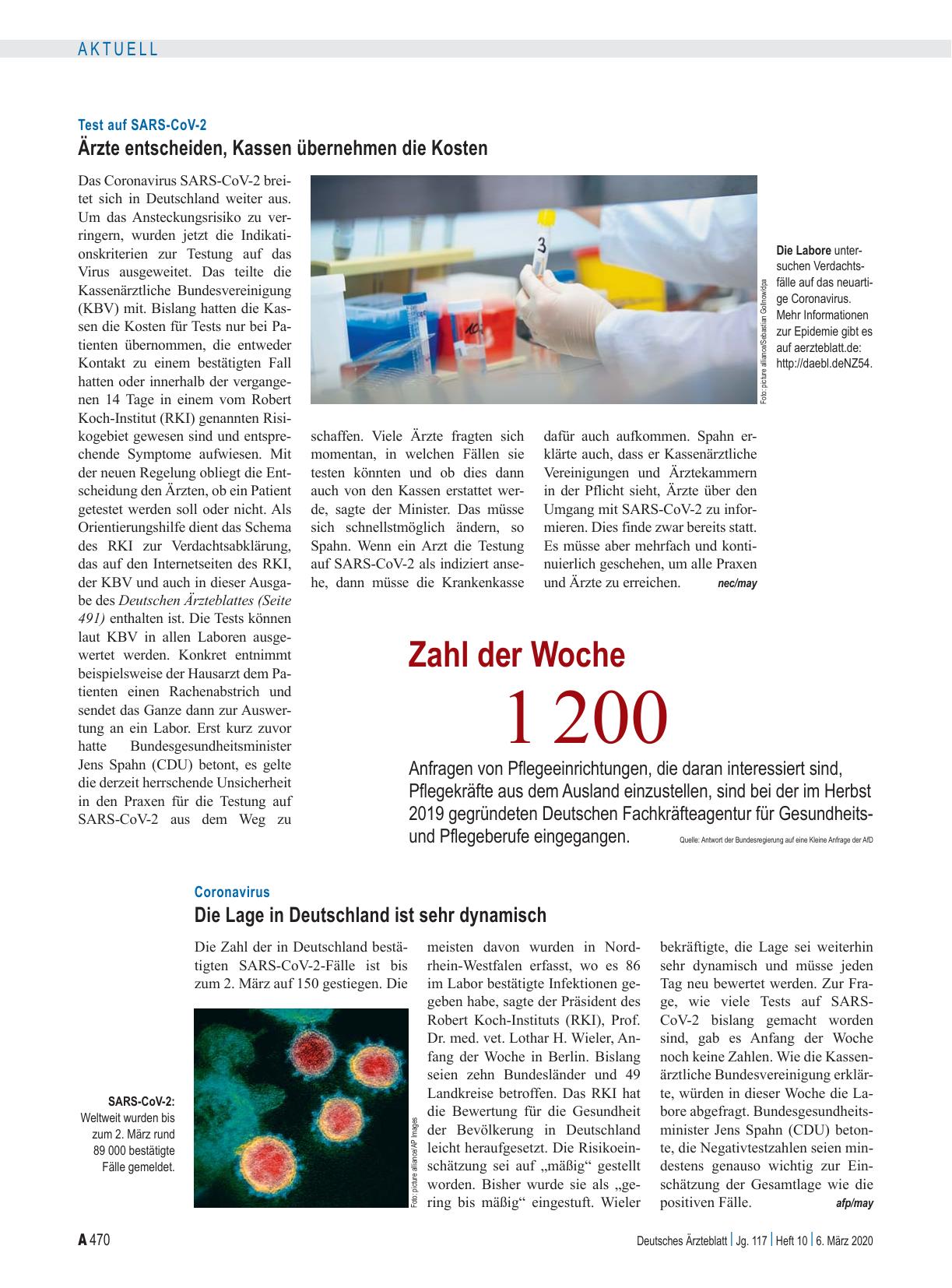Vorschauseite 1: Test auf SARS-CoV-2: Ärzte entscheiden, Kassen übernehmen die Kosten