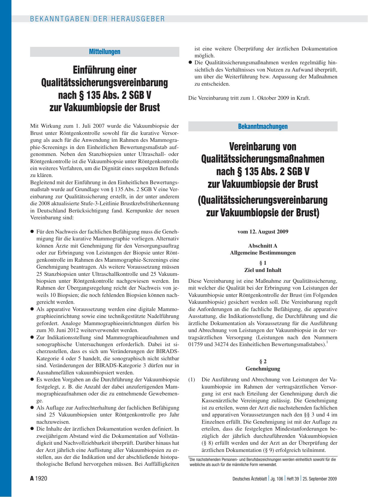 Vorschauseite 1: Mitteilungen: Einführung einer Qualitätssicherungsvereinbarung nach § 135 Abs. 2 SGB V zur Vakuumbiopsie der Brust