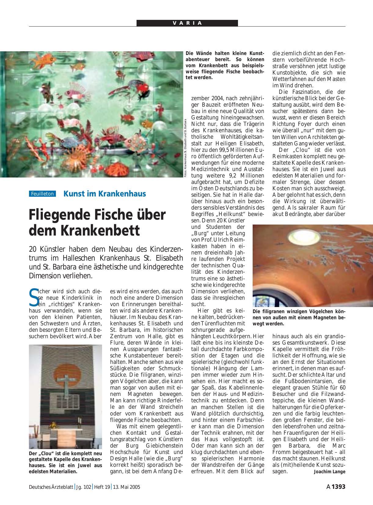 Vorschauseite 1: Kunst im Krankenhaus: Fliegende Fische über dem Krankenbett