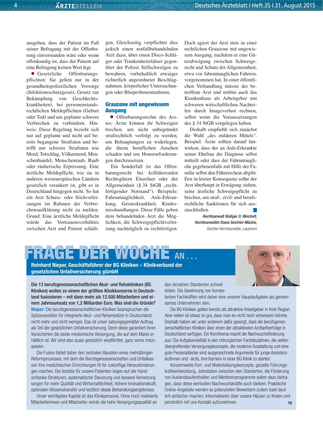 Vorschauseite 1: Frage der Woche an. .. Reinhard Nieper, Geschäftsführer der BG Kliniken – Klinikverbund der gesetzlichen Unfallversicherung gGmbH