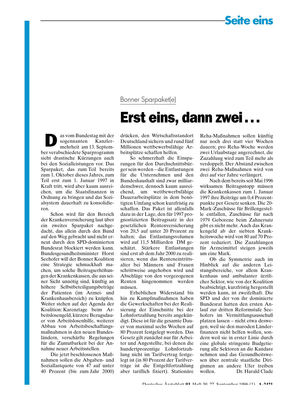 Vorschauseite 1: Bonner Sparpaket(e): Erst eins, dann zwei. ..