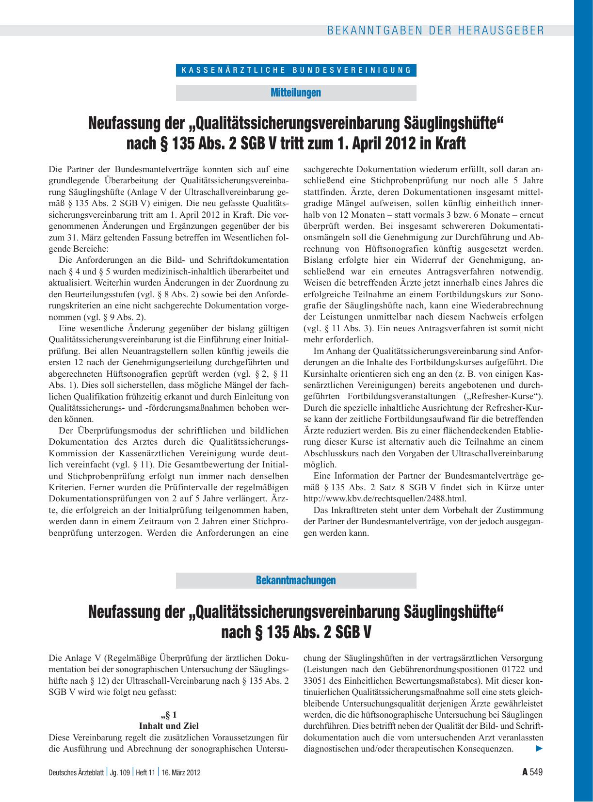 Vorschauseite 1: Neufassung der „Qualitätssicherungsvereinbarung Säuglingshüfte“ nach § 135 Abs. 2 SGB V tritt zum 1. April 2012 in Kraft